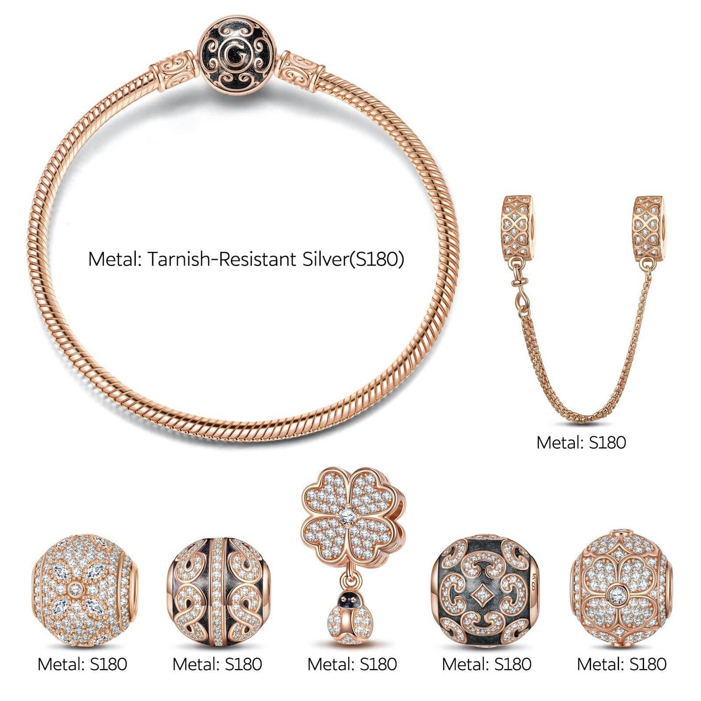 Lucky Four-Leaf Clover Tarnish-resistant Silver Charms Bracelet Set With Enamel In Rose Gold Plated (Includes bracelet and all charms shown)