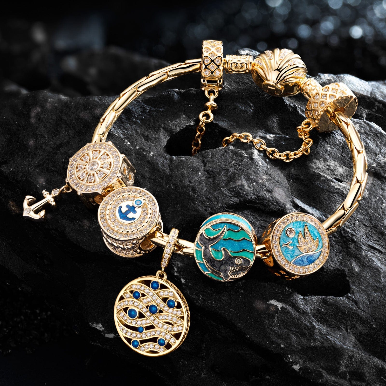 STERLING SILVER BLUE OCEAN CHARMS BRACELET SET WITH ENAMEL IN 14K GOLD ...