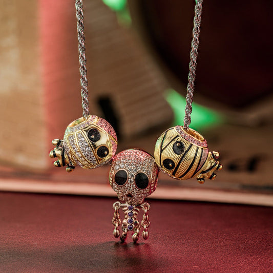 gona- Sterling Silver Mummy and Skeleton Man Charms Necklace Set With Enamel In White Gold Plated