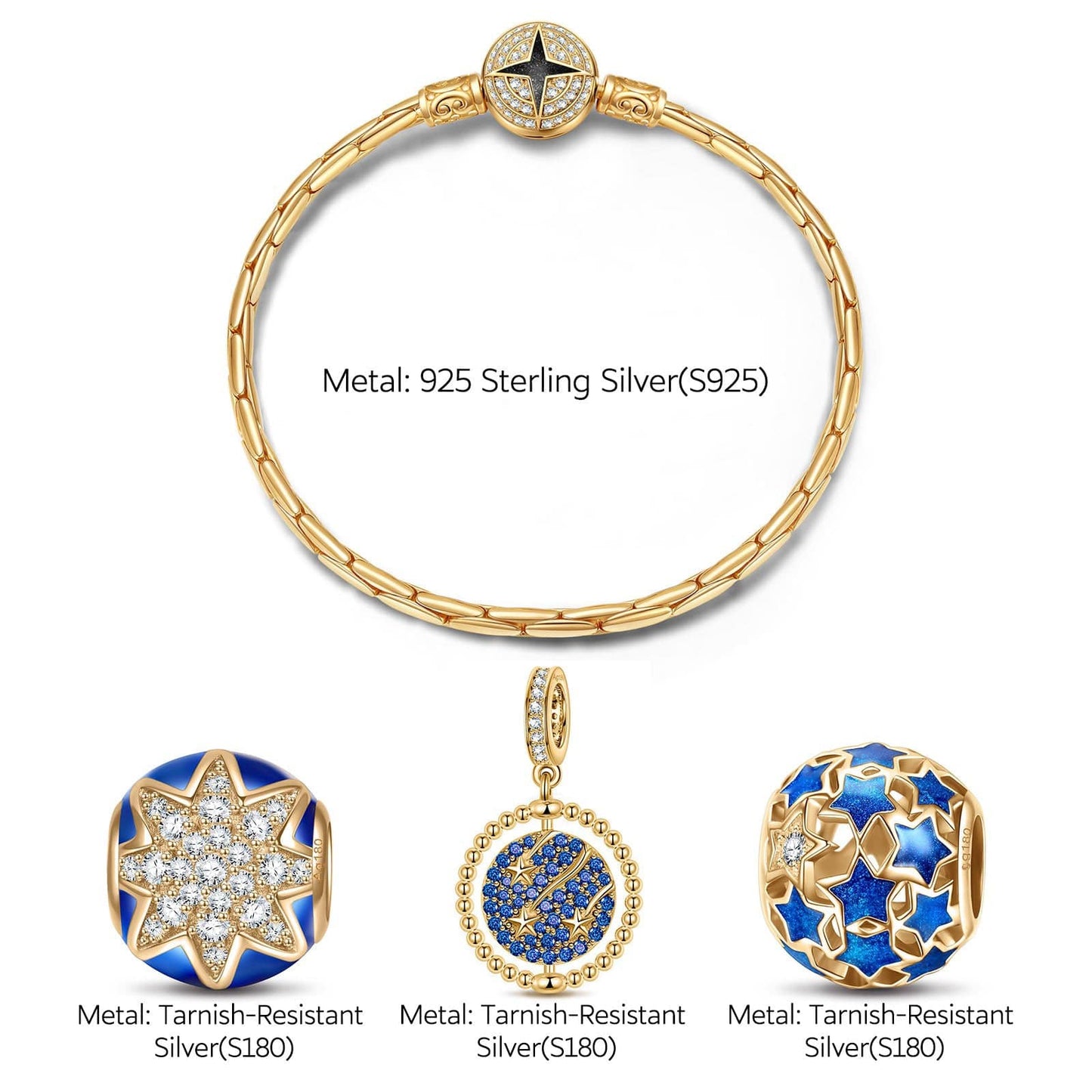 Sterling Silver Blue Starry Night Charms Bracelet Set With Enamel In 14K Gold Plated (Includes bracelet and all charms shown)