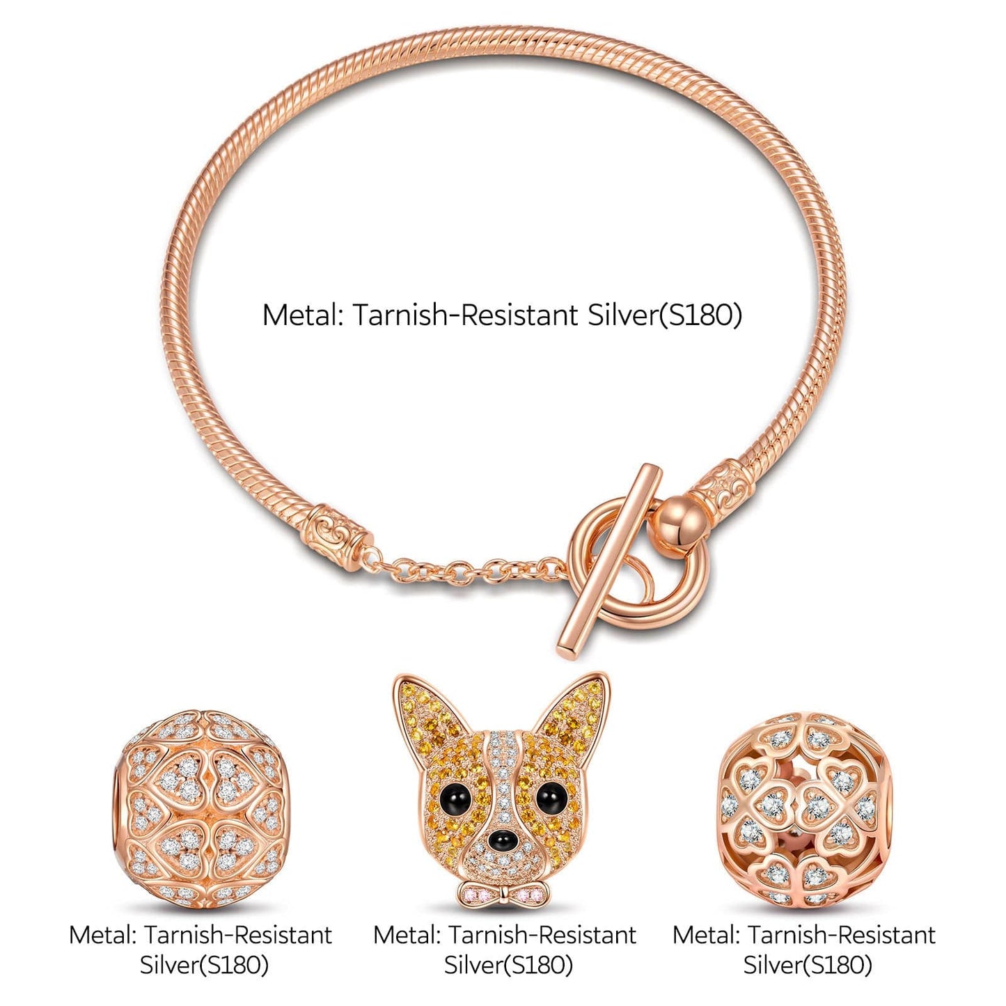 Lucky Corgi Tarnish-resistant Silver Charms Bracelet Set With Enamel In Rose Gold Plated (Includes bracelet and all charms shown)