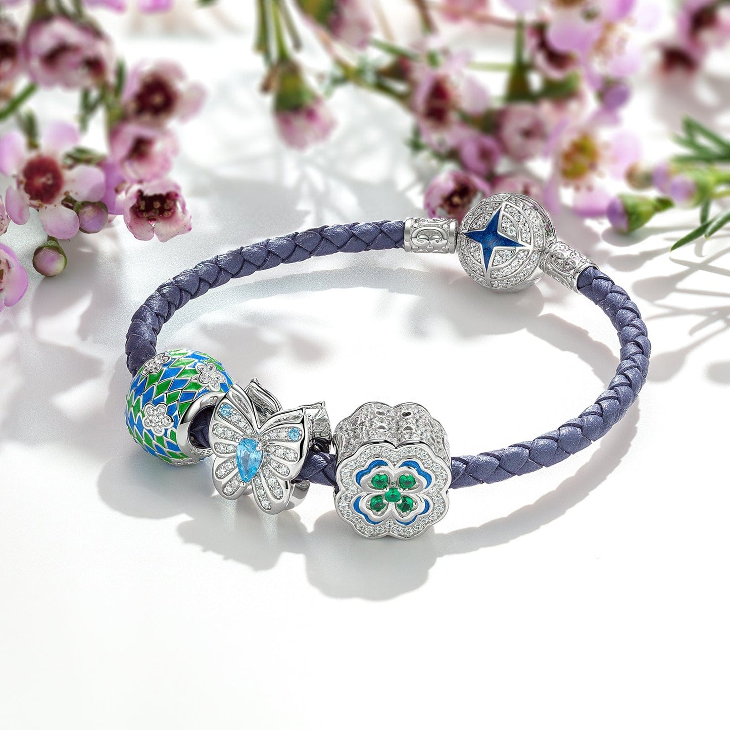Sterling Silver Secret Garden Charms Bracelet Set With Enamel In White Gold Plated (Includes bracelet and all charms shown)