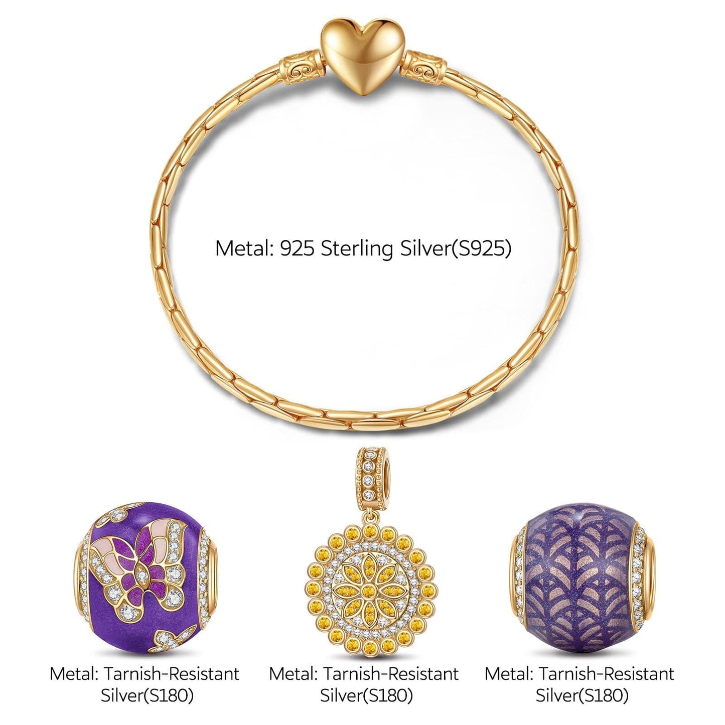 Sterling Silver Purple Story Charms Bracelet Set With Enamel In 14K Gold Plated (Includes bracelet and all charms shown)