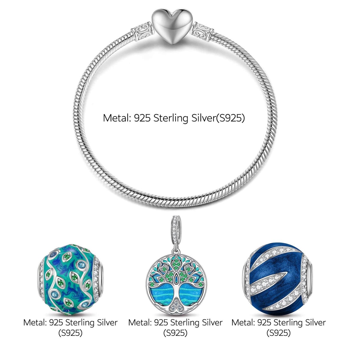 Sterling Silver Peach Blossom Spring Charms Bracelet Set With Enamel In White Gold Plated (Includes bracelet and all charms shown)