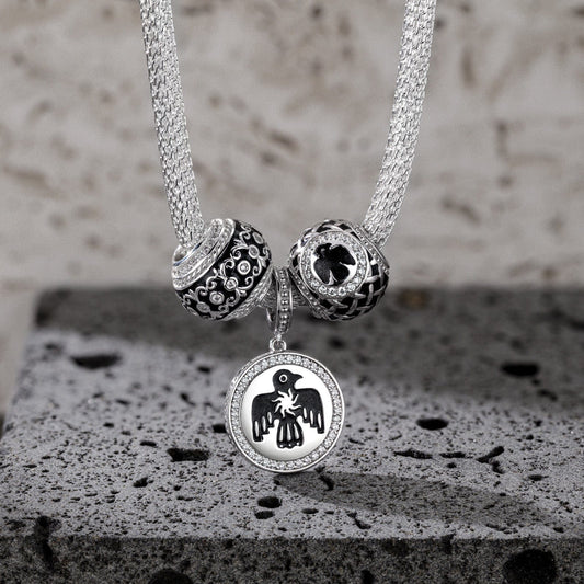 gona- Sterling Silver Thunderbird and Iris Flower XL Size Charms Necklace Set With Enamel In White Gold Plated For Men