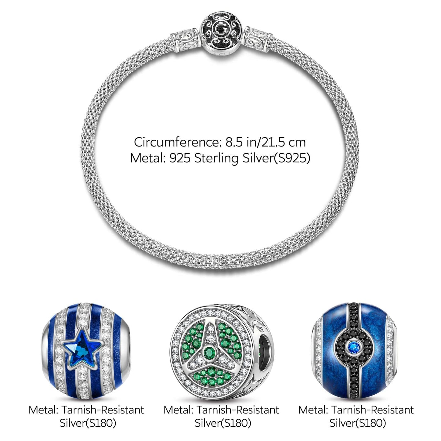 Sterling Silver XL Size StarDrive Charms Bracelet Set With Enamel In White Gold Plated For Men (Includes bracelet and all charms shown)