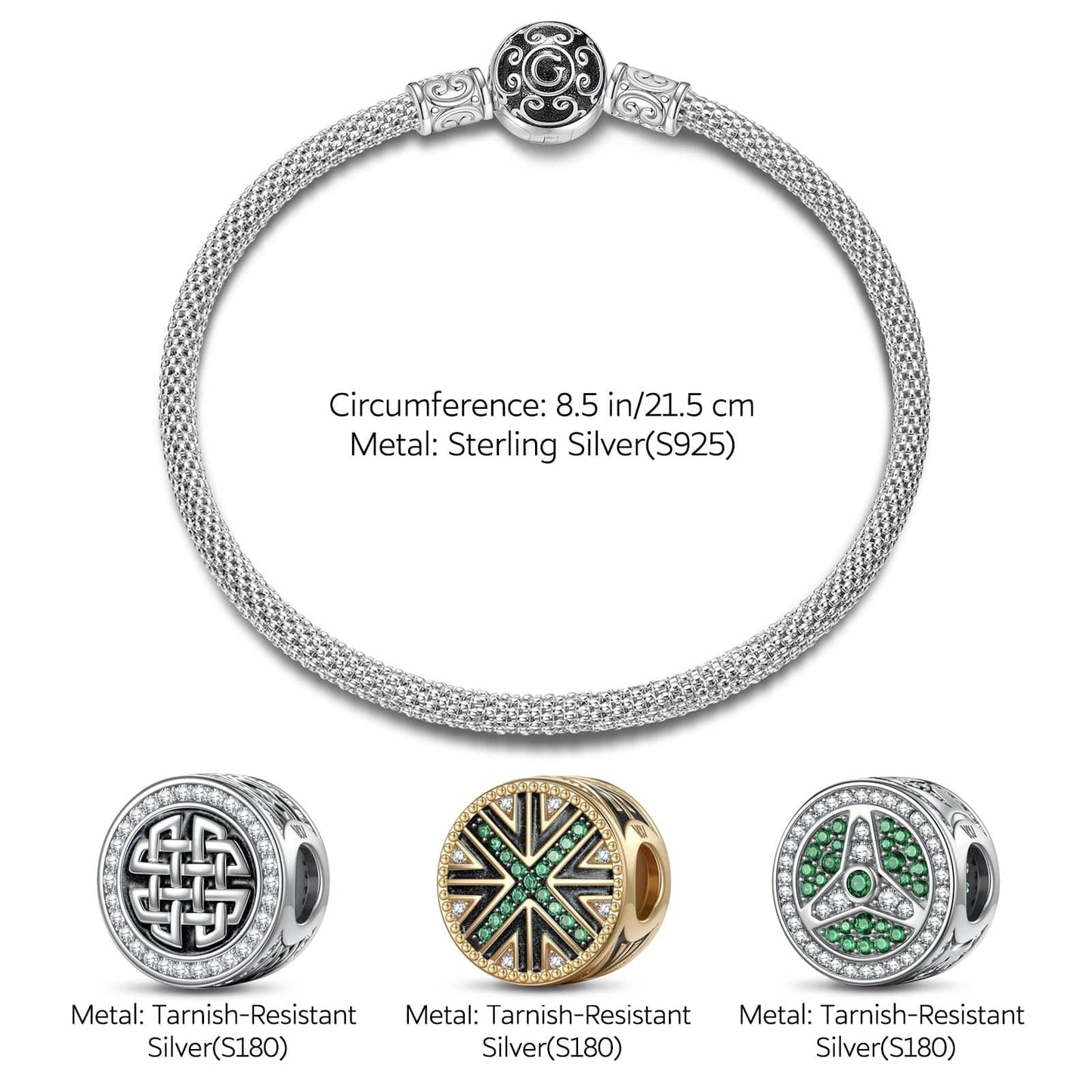 Sterling Silver The Internal Power XL Size Charms Bracelet Set With Enamel In White Gold Plated For Men (Includes bracelet and all charms shown)