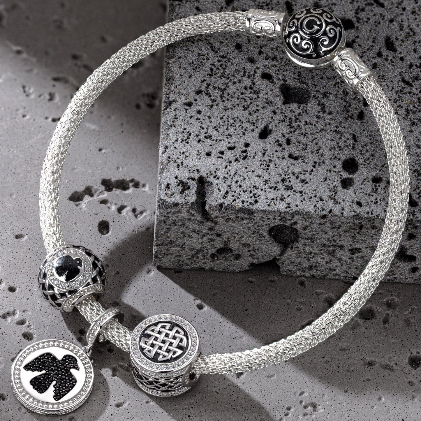 Sterling Silver XL Size Thundercloud Elf Charms Bracelet Set With Enamel In White Gold Plated For Men (Includes bracelet and all charms shown)