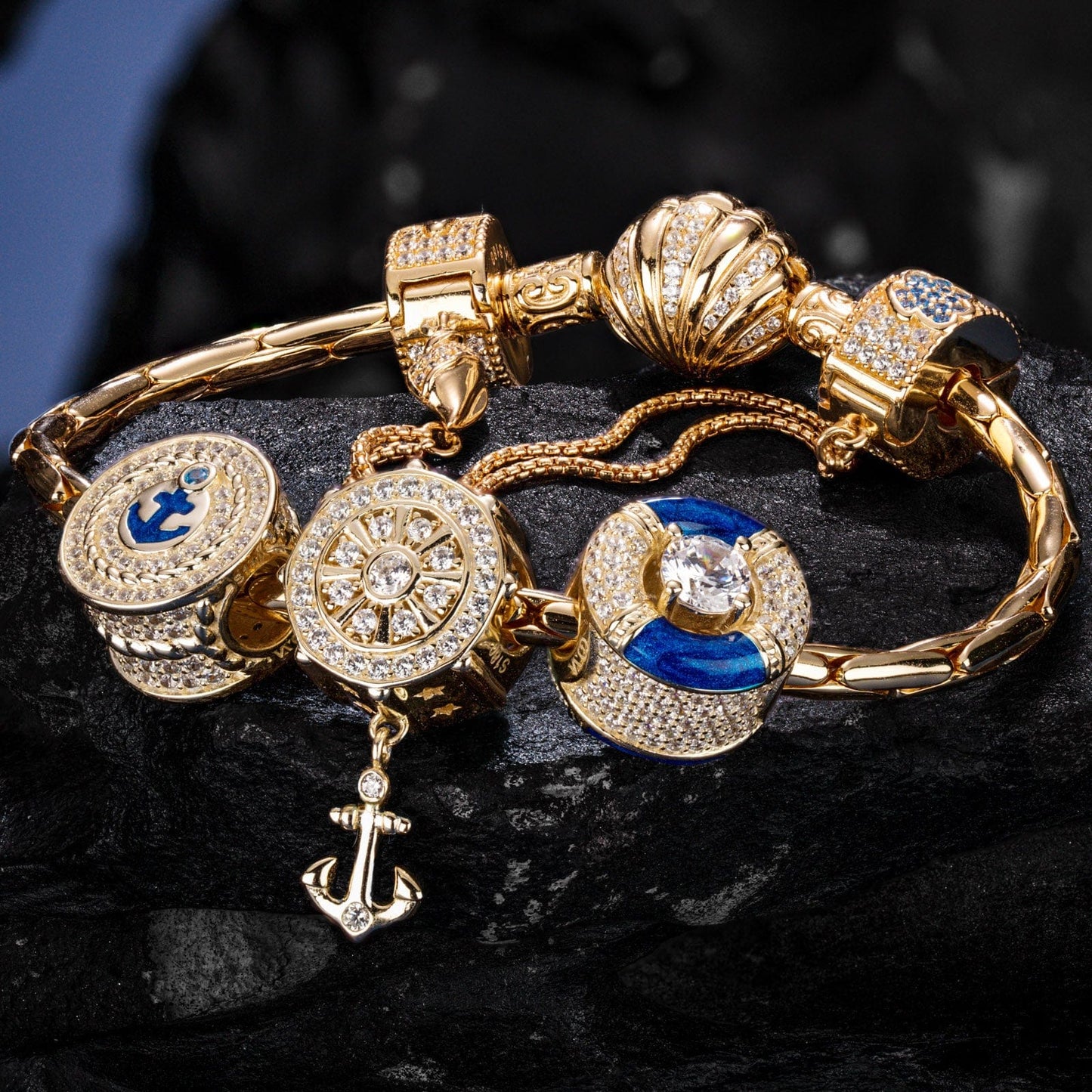 Sterling Silver The captain And His Sailors Charms Bracelet Set With Enamel In 14K Gold Plated