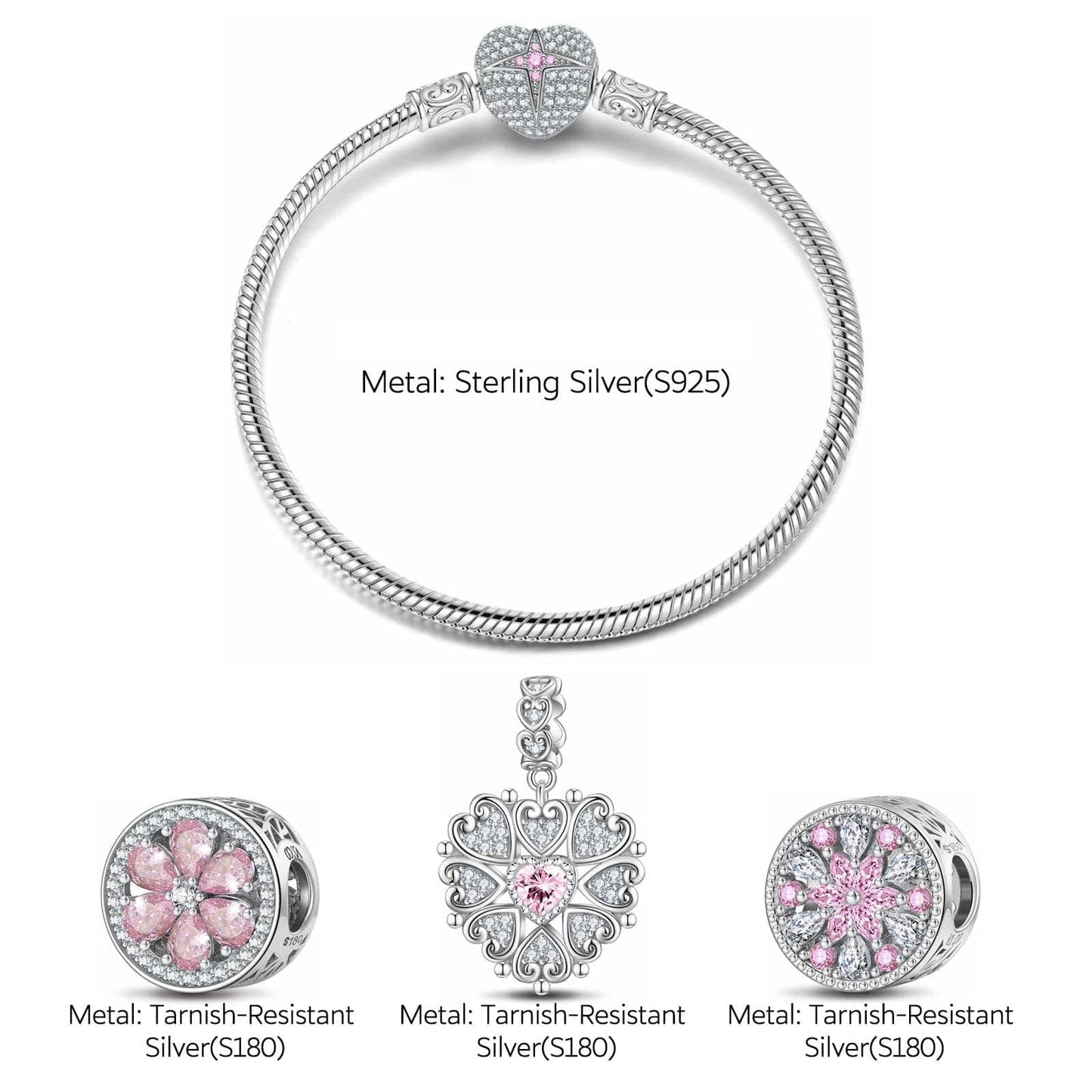 Sterling Silver Dream Crystals Charms Bracelet Set With Enamel In White Gold Plated (Includes bracelet and all charms shown)