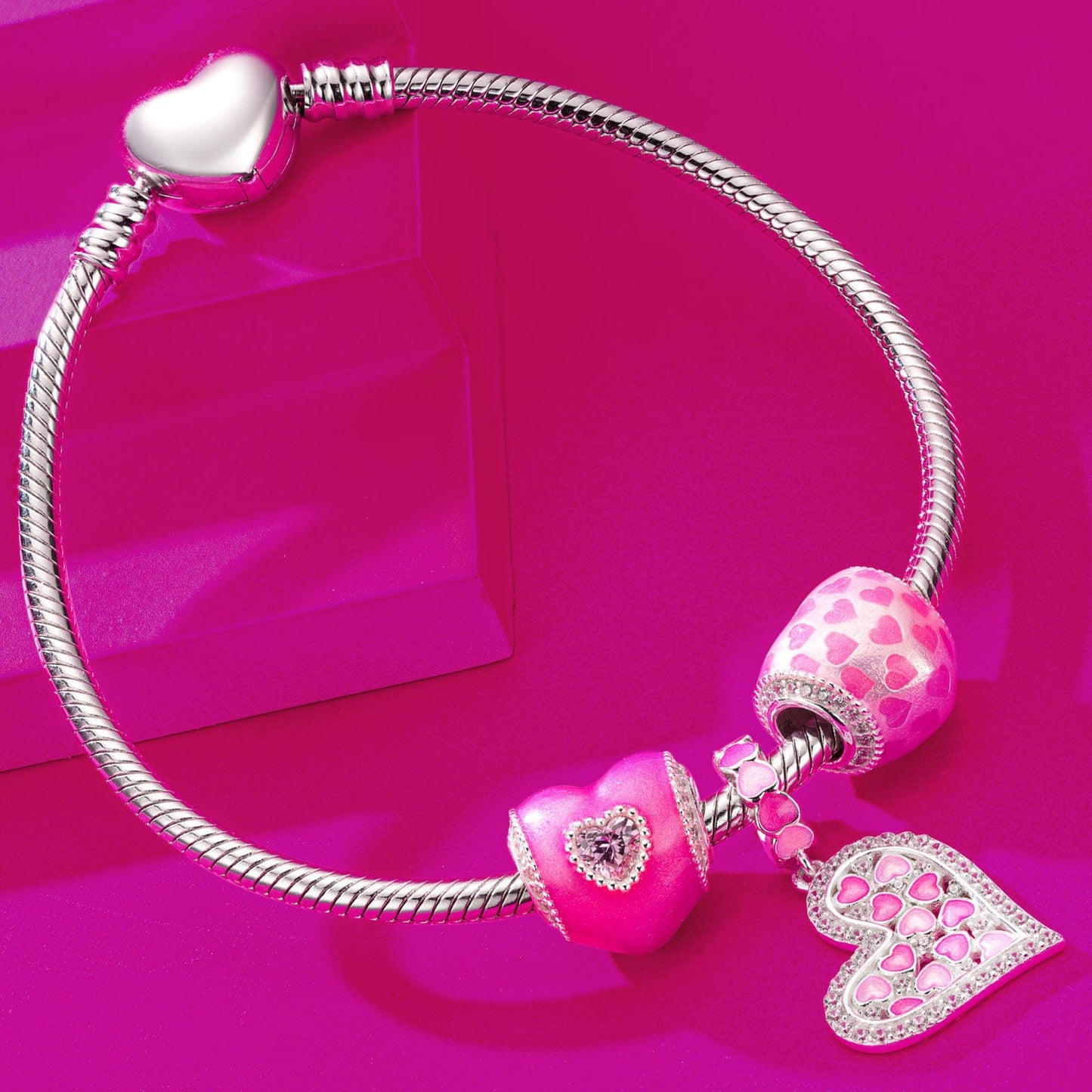 Sterling Silver I Love Barbie Charms Bracelet Set With Enamel In White Gold Plated (Includes bracelet and all charms shown)