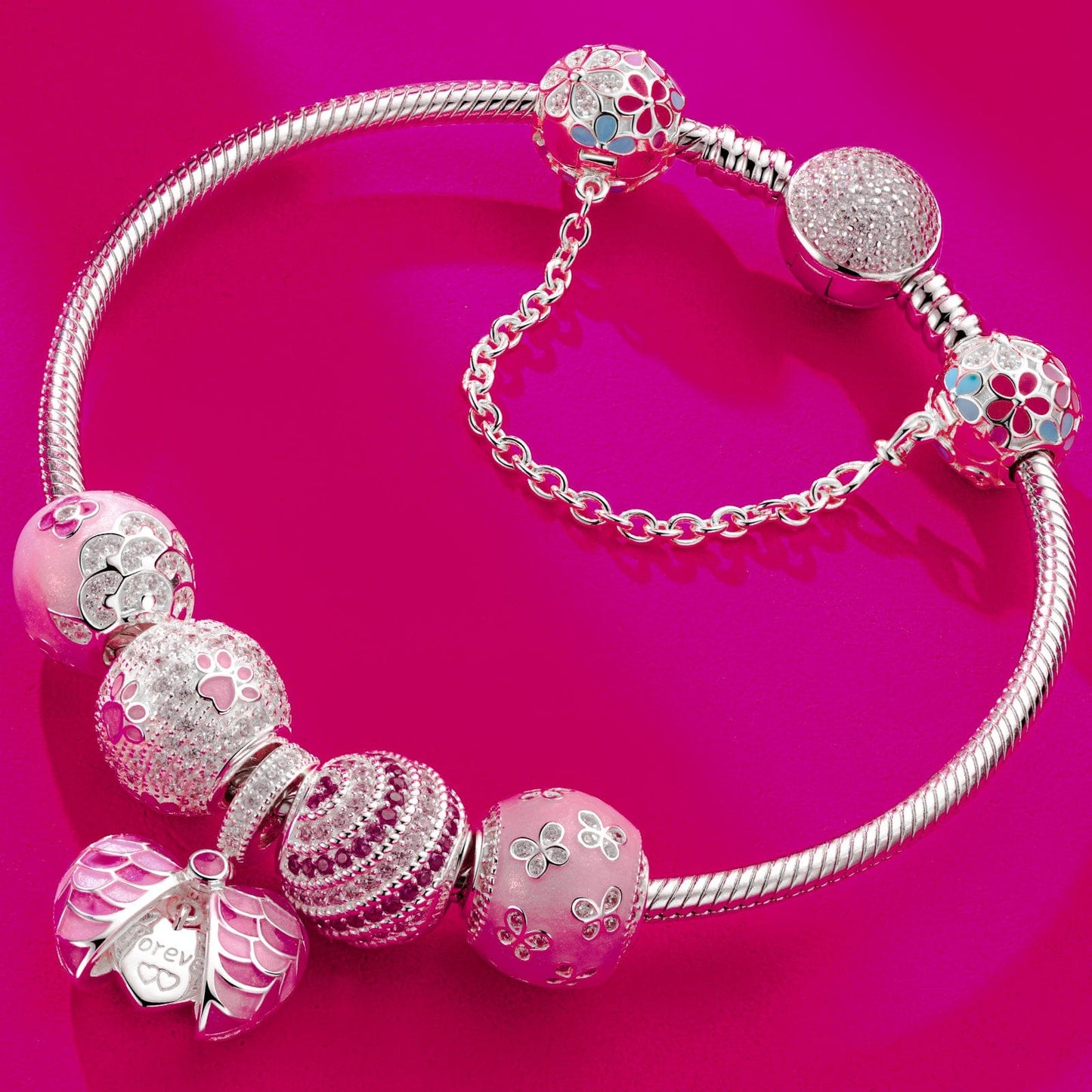 Sterling Silver Pink Mood Charms Bracelet Set With Enamel In White Gold Plated (Includes bracelet and all charms shown)