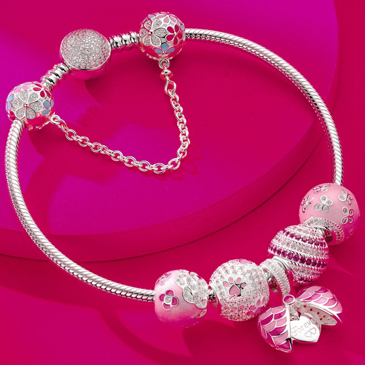 Sterling Silver Pink Mood Charms Bracelet Set With Enamel In White Gold Plated (Includes bracelet and all charms shown)