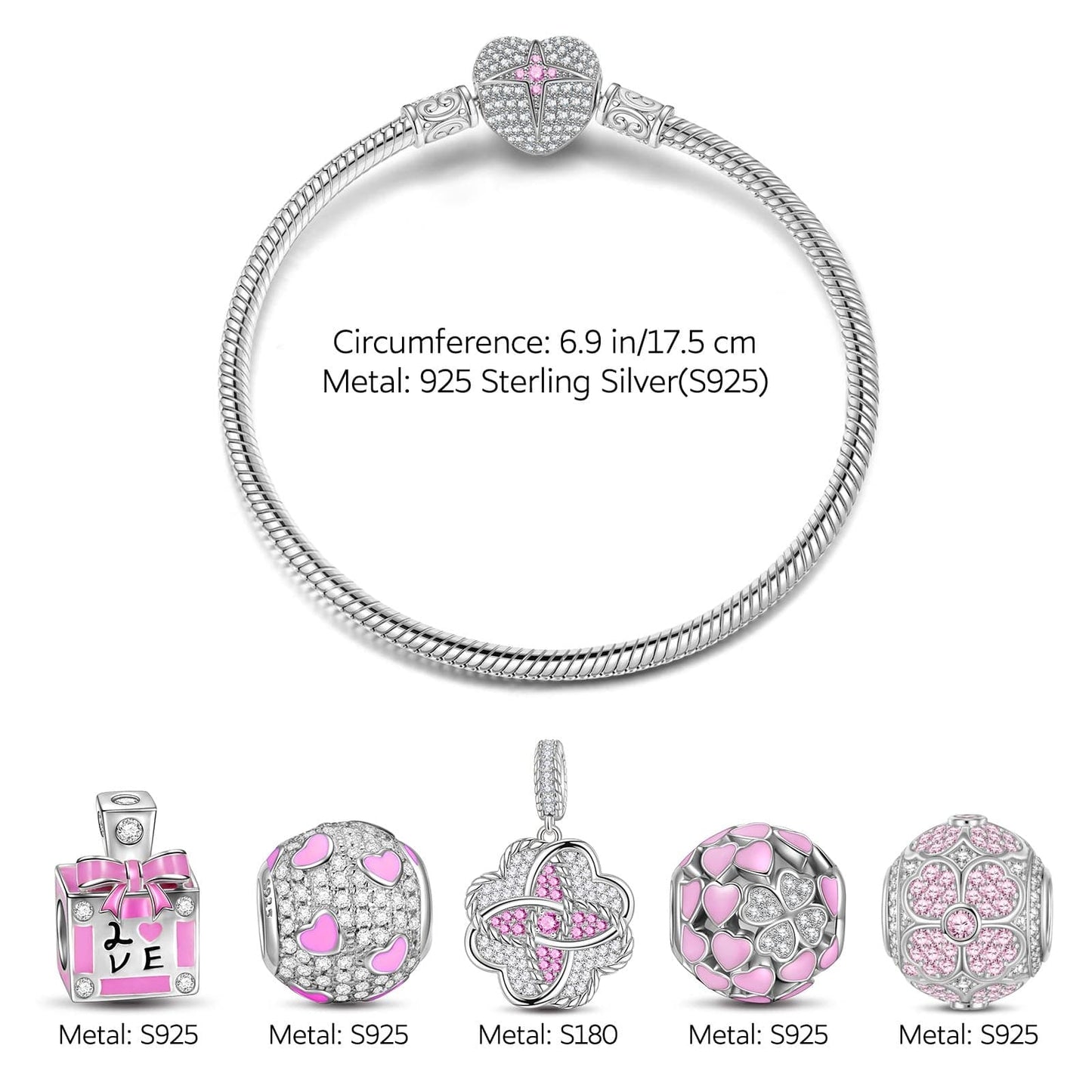 Sterling Silver Crush On You Charms Bracelet Set With Enamel In White Gold Plated (Includes bracelet and all charms shown)