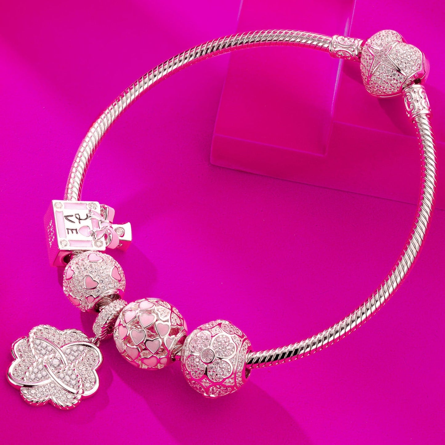 Sterling Silver Crush On You Charms Bracelet Set With Enamel In White Gold Plated (Includes bracelet and all charms shown)