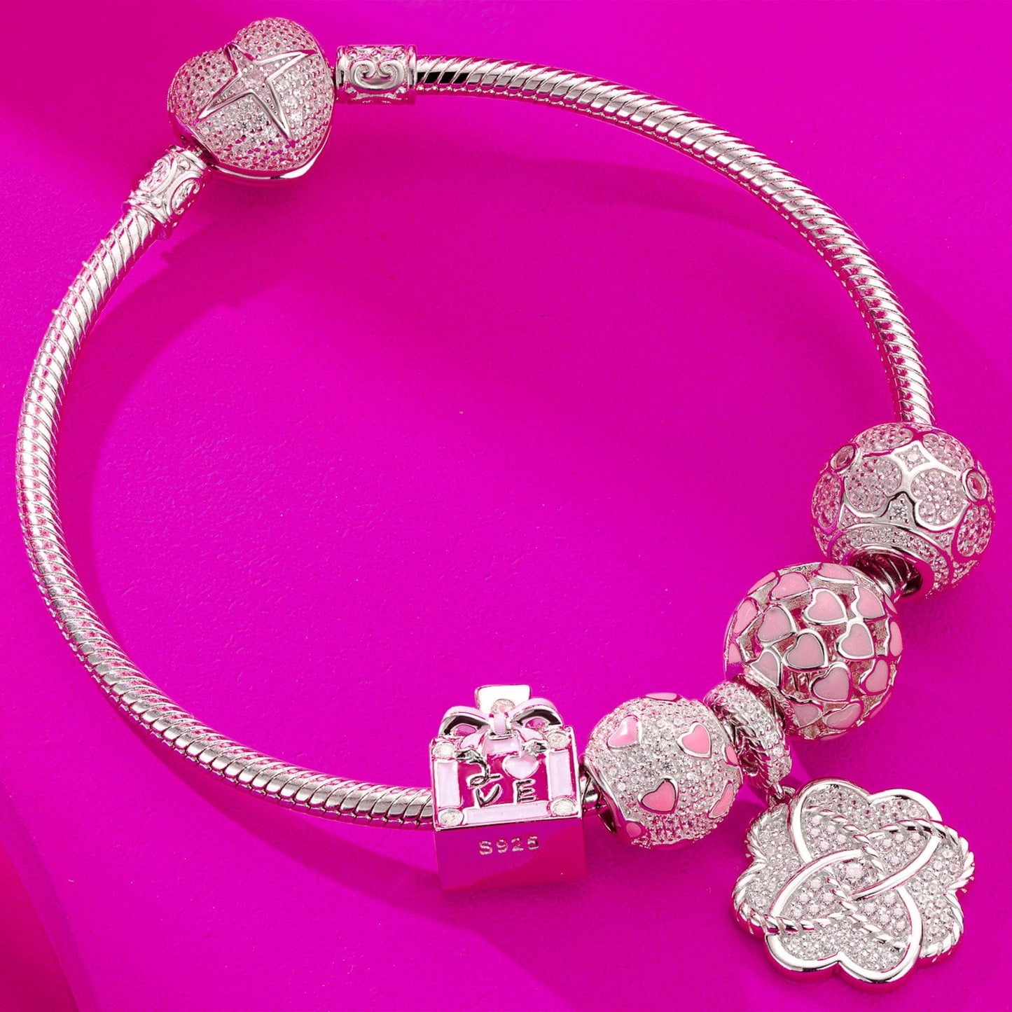 Sterling Silver Crush On You Charms Bracelet Set With Enamel In White Gold Plated (Includes bracelet and all charms shown)