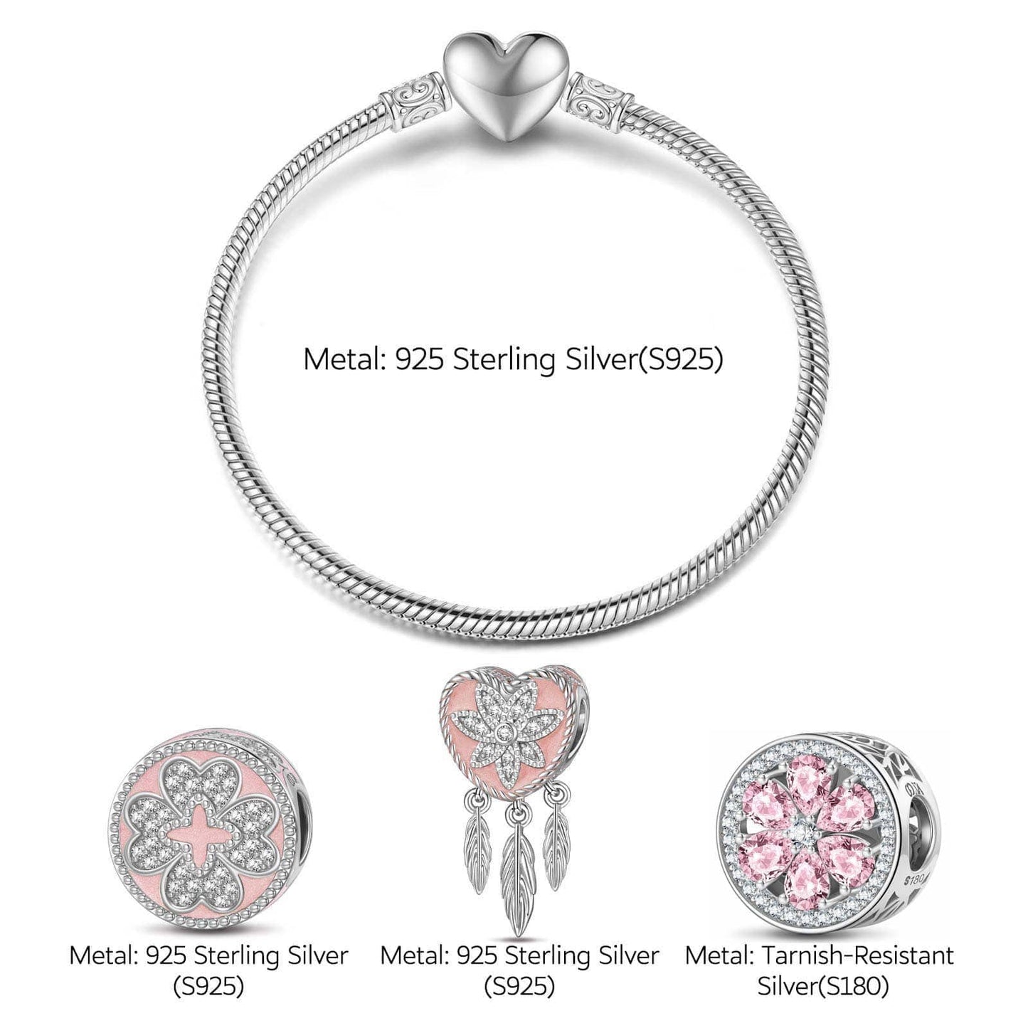 Sterling Silver Girl In Her Prime Charms Bracelet Set With Enamel In White Gold Plated (Includes bracelet and all charms shown)