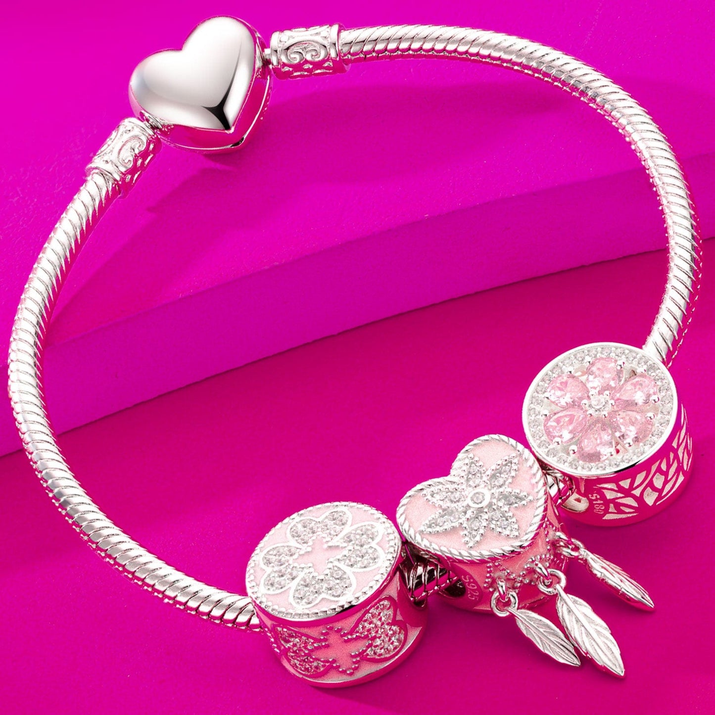 Sterling Silver Girl In Her Prime Charms Bracelet Set With Enamel In White Gold Plated (Includes bracelet and all charms shown)