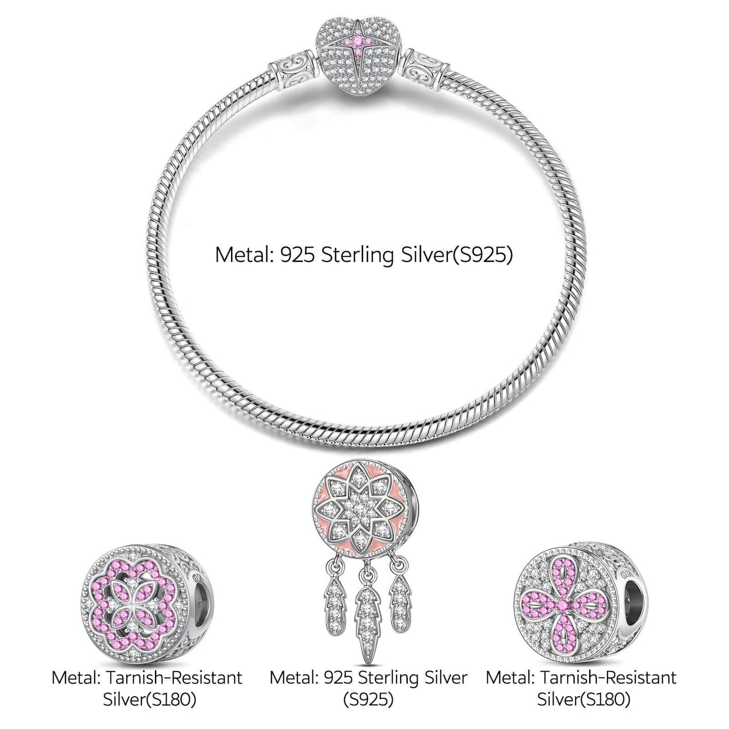 Sterling Silver Lucky Girl Charms Bracelet Set With Enamel In White Gold Plated (Includes bracelet and all charms shown)