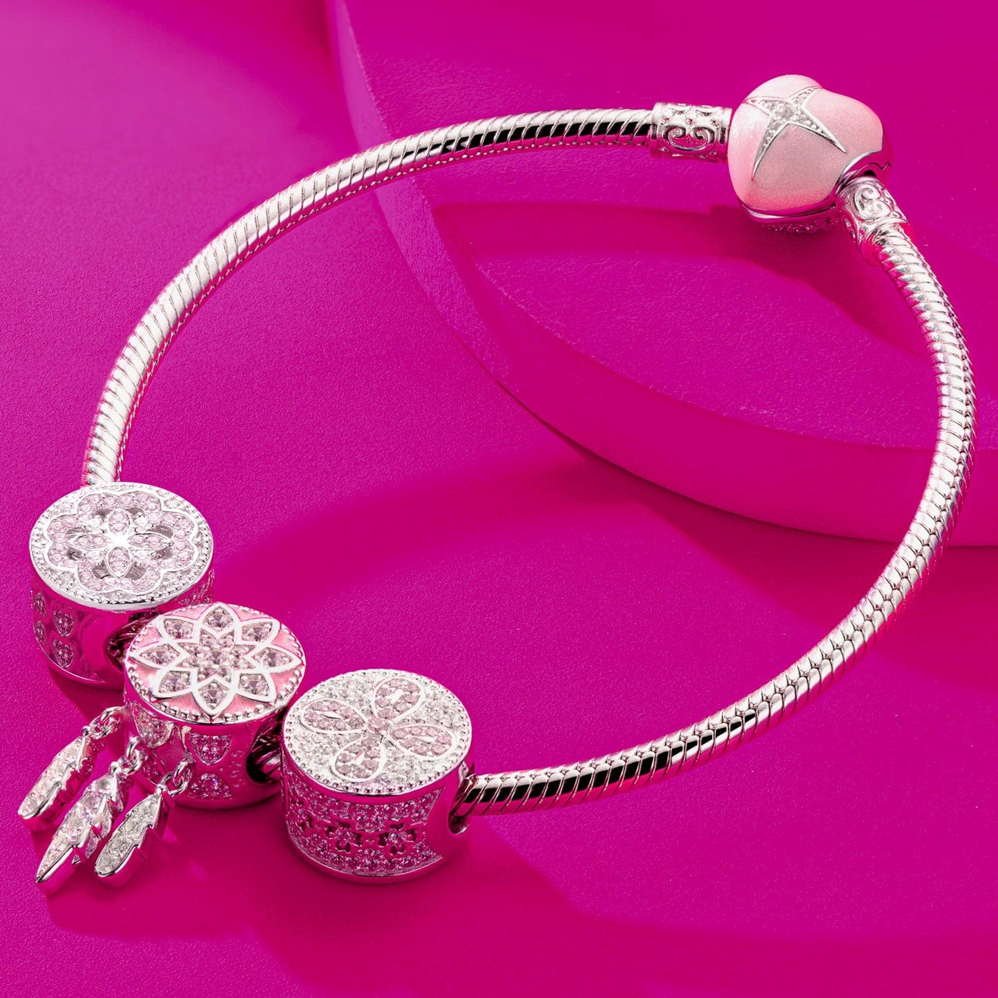 Sterling Silver Lucky Girl Charms Bracelet Set With Enamel In White Gold Plated (Includes bracelet and all charms shown)