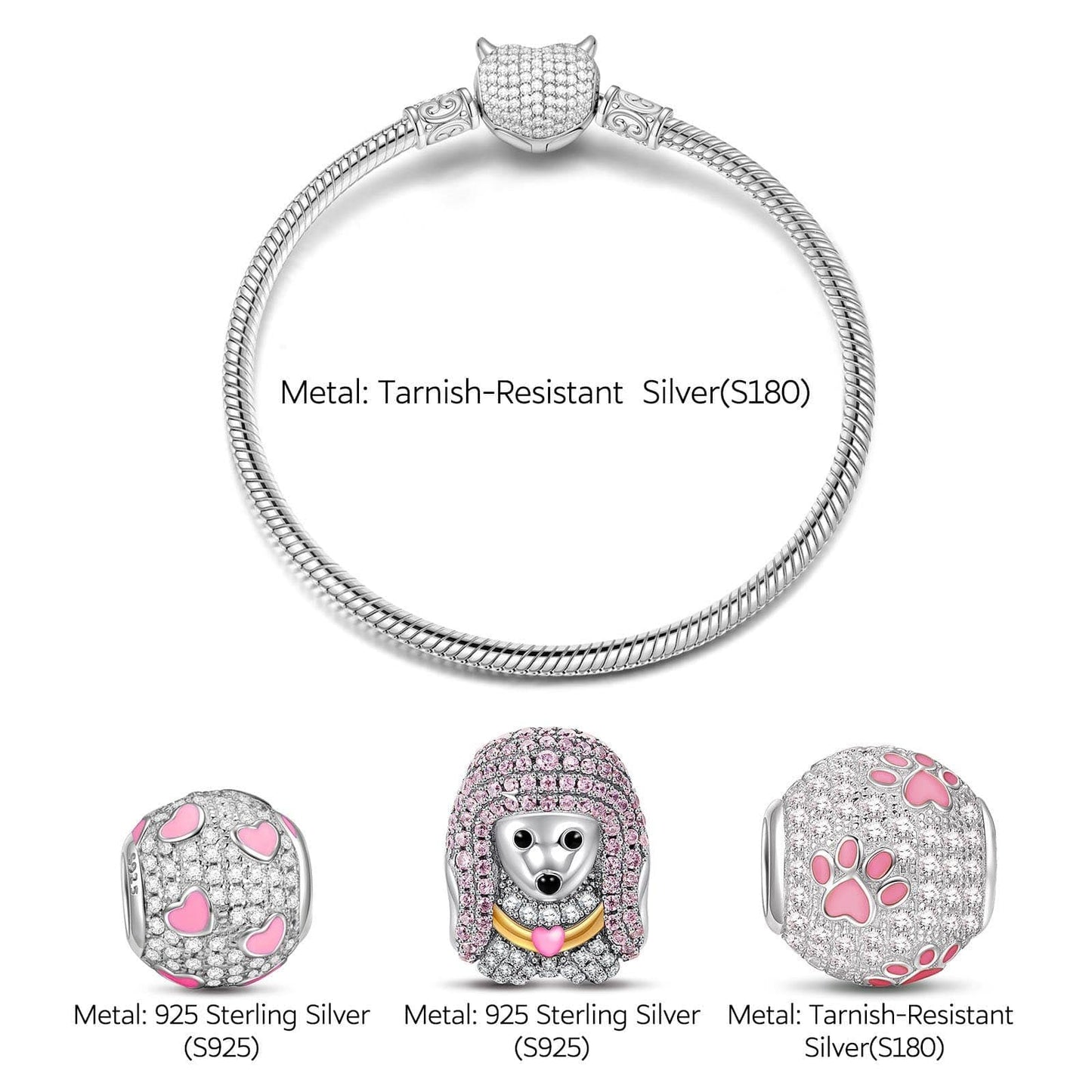Sterling Silver Cute Poodle Charms Bracelet Set With Enamel In White Gold Plated (Includes bracelet and all charms shown)