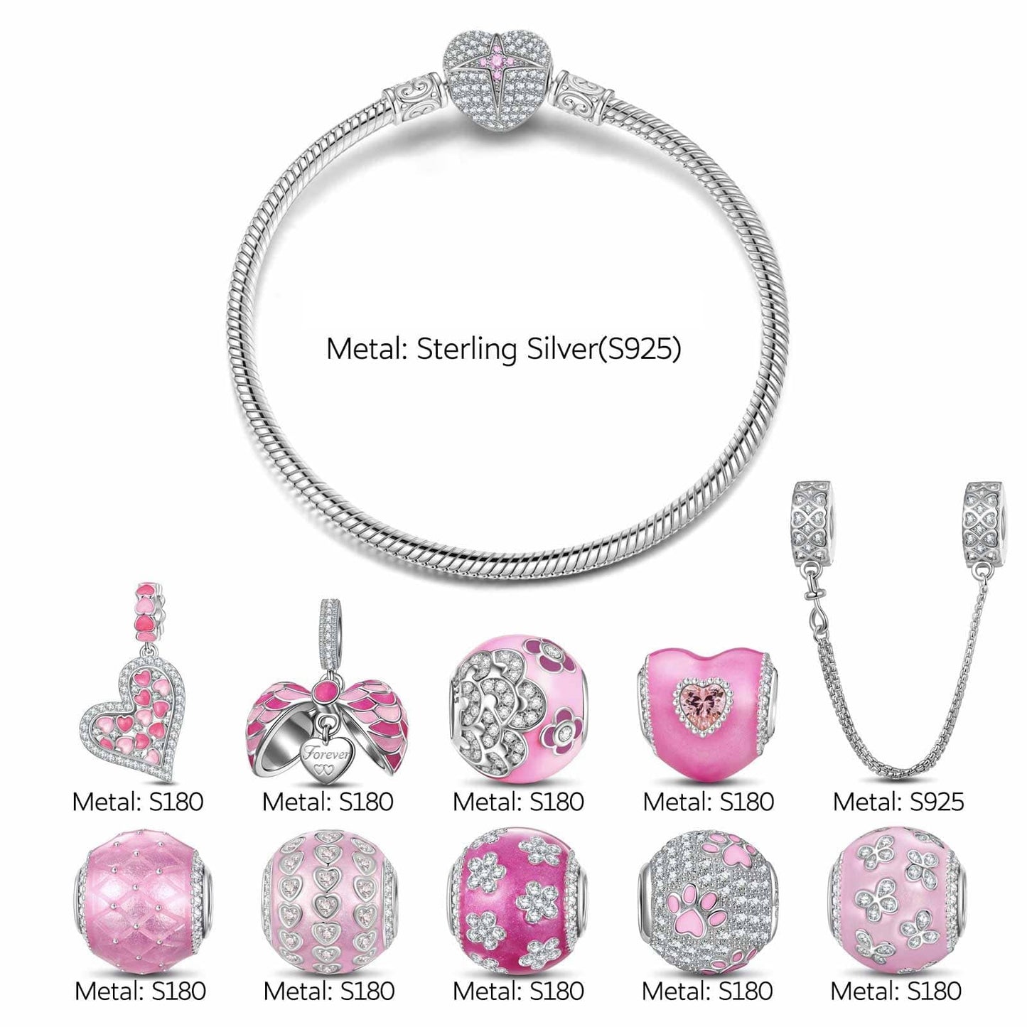 Sterling Silver Barbie Island Charms Bracelet Set With Enamel In White Gold Plated (Includes bracelet and all charms shown)