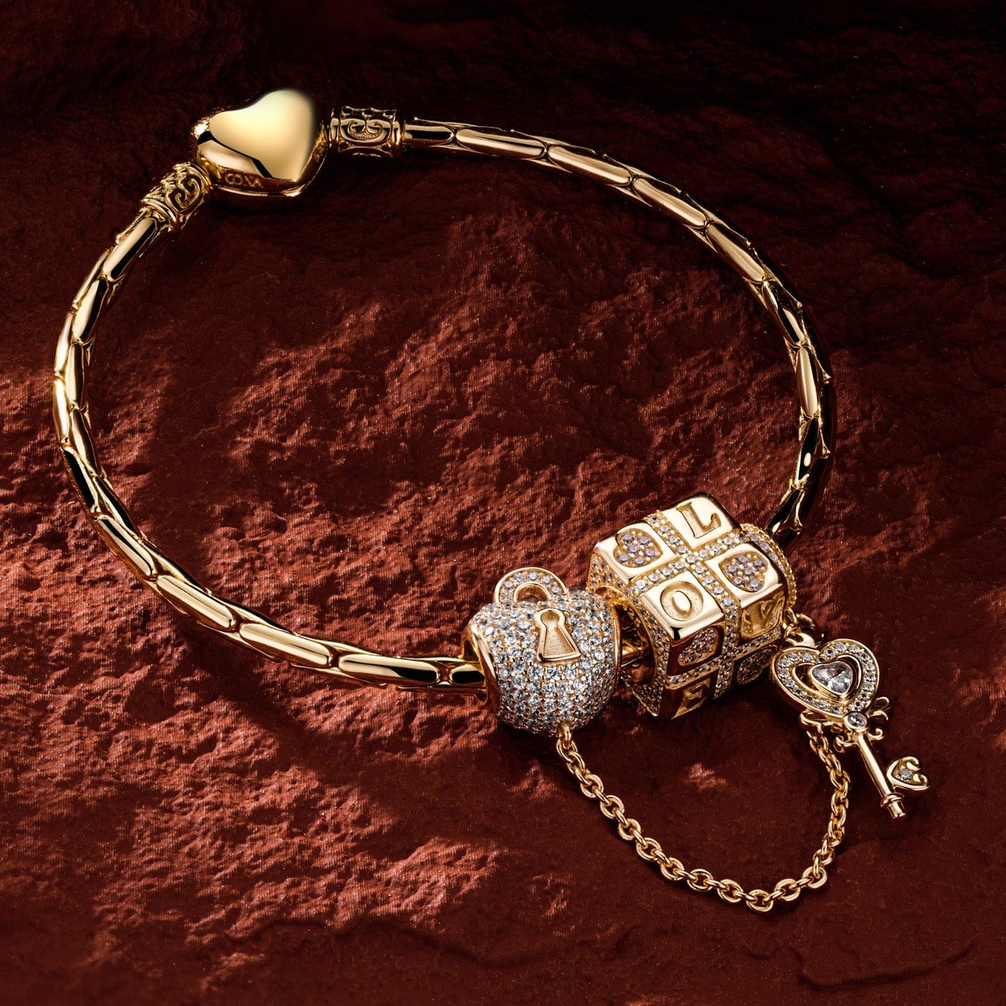 Sterling Silver Magic of Love Charms Bracelet Set In 14K Gold Plated (Includes bracelet and all charms shown)