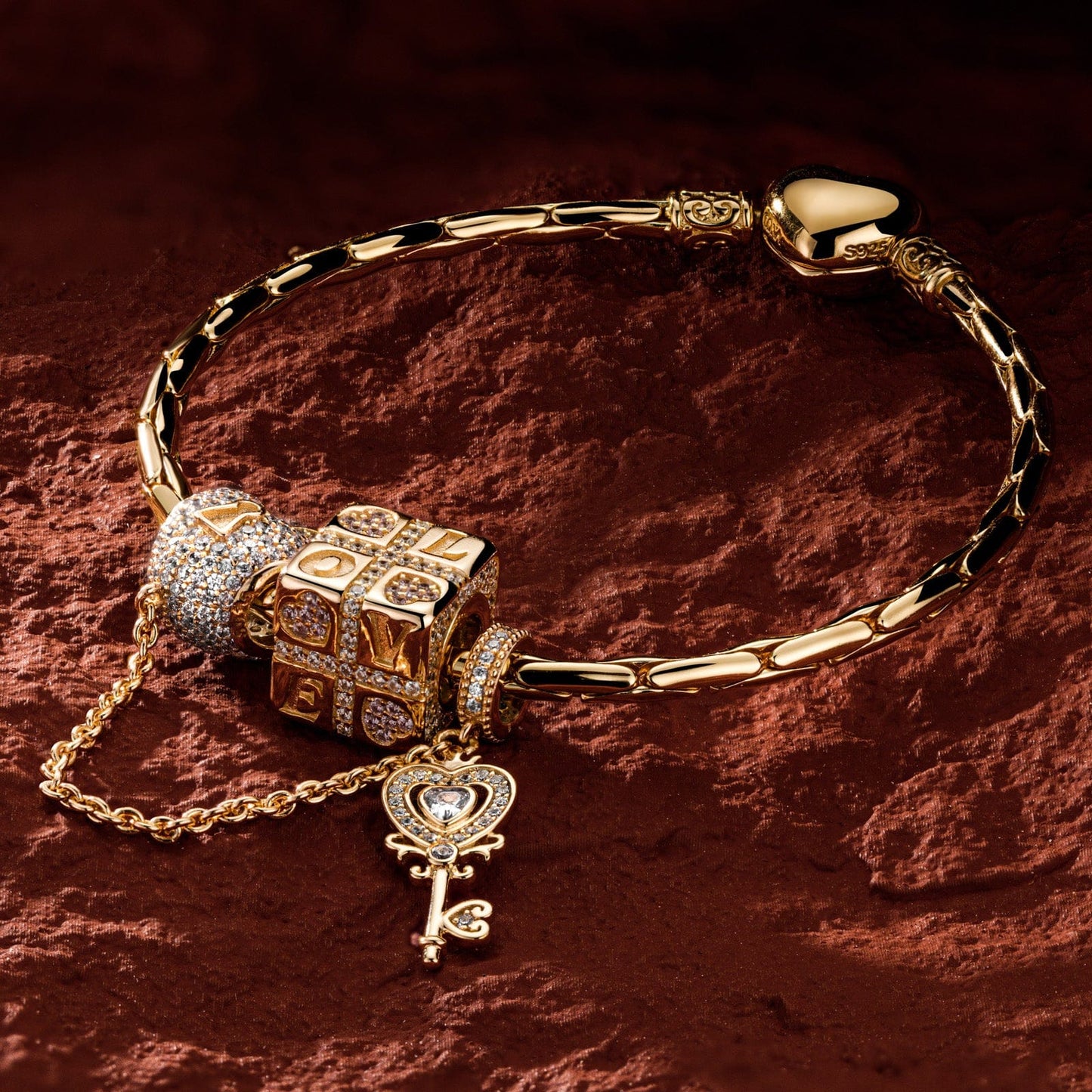 Sterling Silver Magic of Love Charms Bracelet Set In 14K Gold Plated (Includes bracelet and all charms shown)