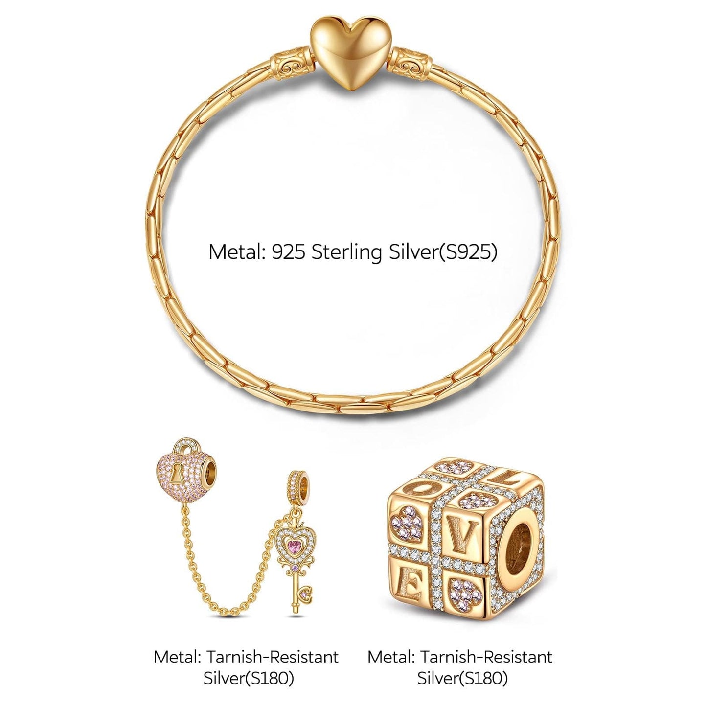 Sterling Silver Magic of Love Charms Bracelet Set In 14K Gold Plated (Includes bracelet and all charms shown)