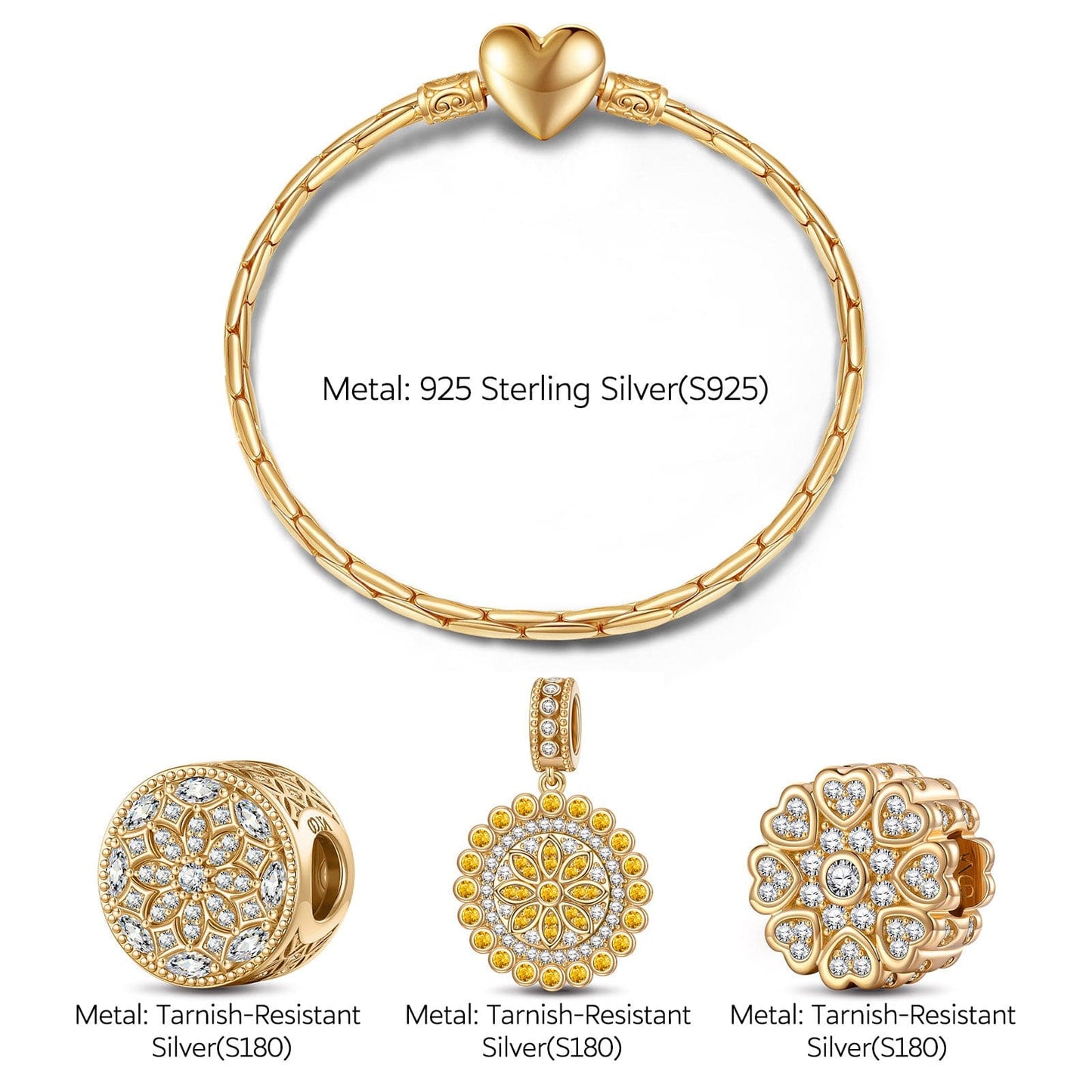 Sterling Silver Fragrant Honey Charms Bracelet Set In 14K Gold Plated (Includes bracelet and all charms shown)