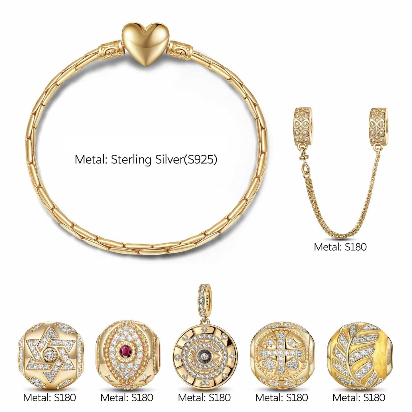 Sterling Silver Harvest Charms Bracelet Set With Enamel In 14K Gold Plated (Includes bracelet and all charms shown)