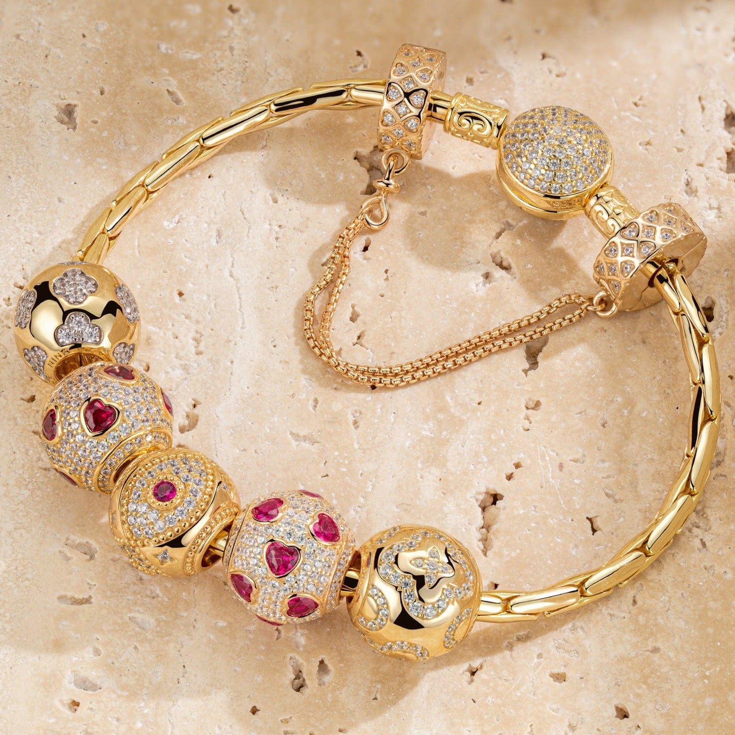 Sterling Silver Romantic House Charms Bracelet Set In 14K Gold Plated (Includes bracelet and all charms shown)