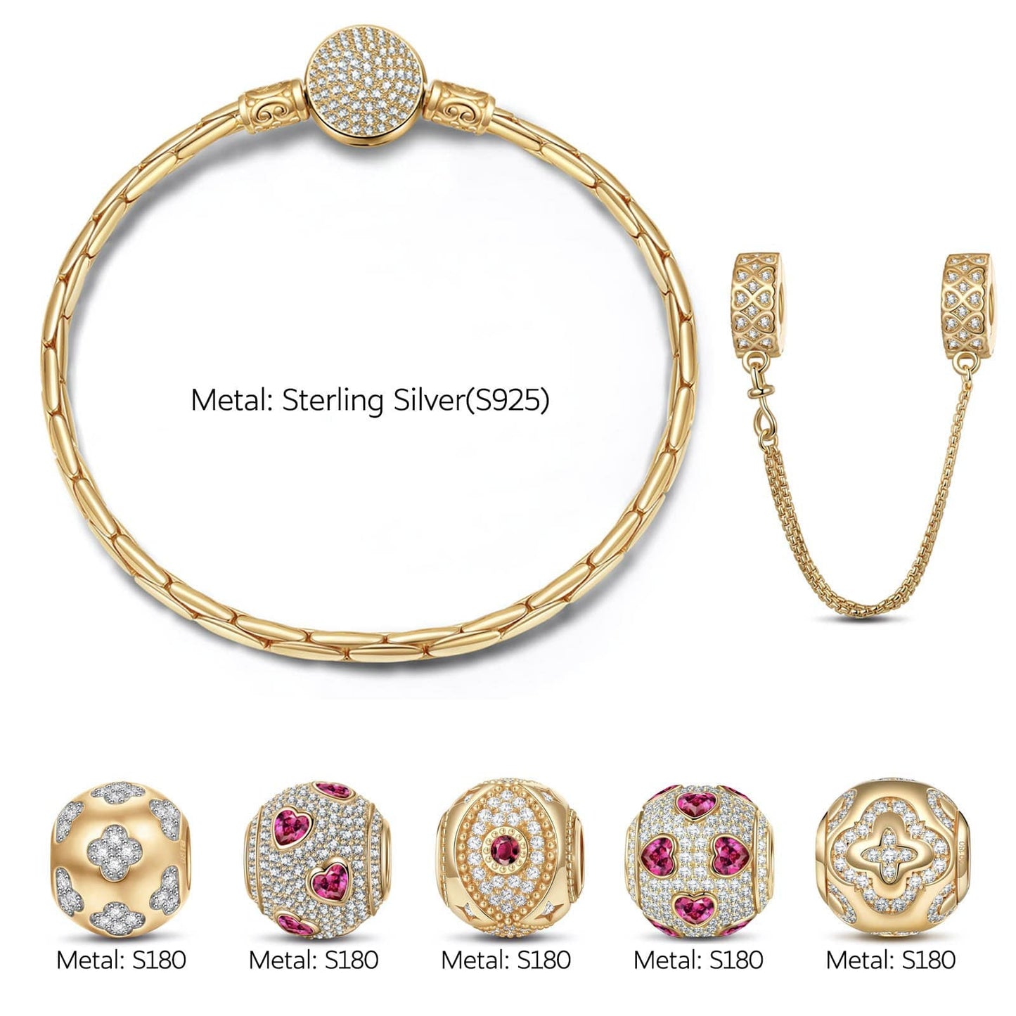 Sterling Silver Romantic House Charms Bracelet Set In 14K Gold Plated (Includes bracelet and all charms shown)