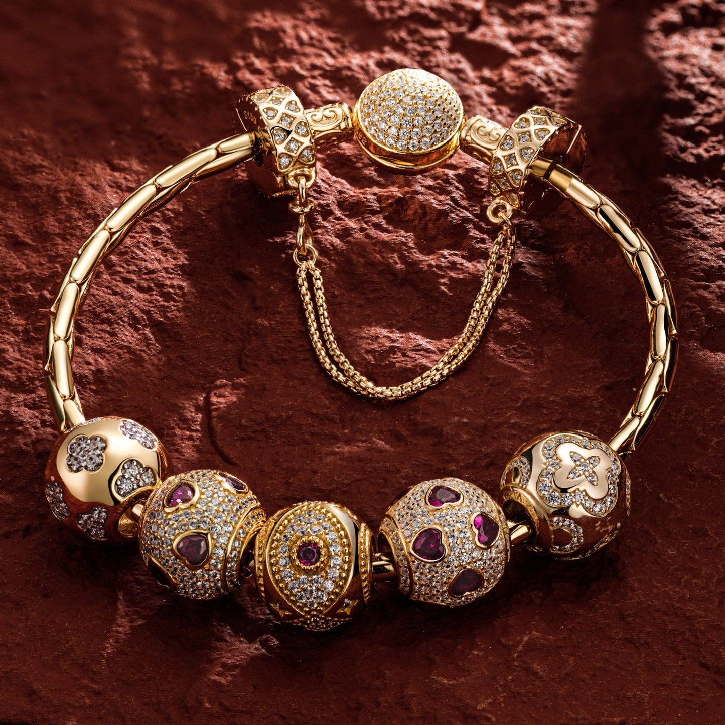 Sterling Silver Romantic House Charms Bracelet Set In 14K Gold Plated (Includes bracelet and all charms shown)