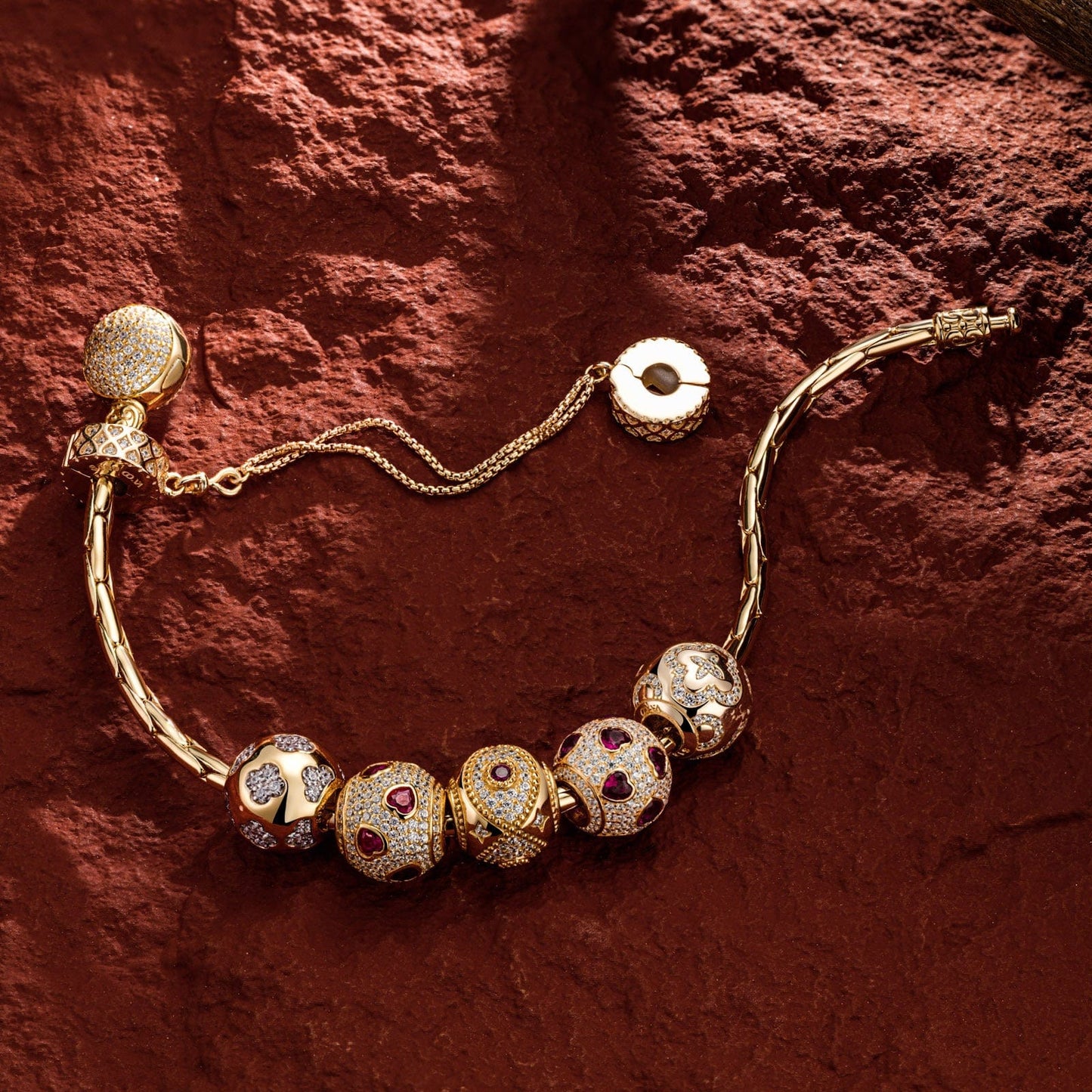 Sterling Silver Romantic House Charms Bracelet Set In 14K Gold Plated (Includes bracelet and all charms shown)