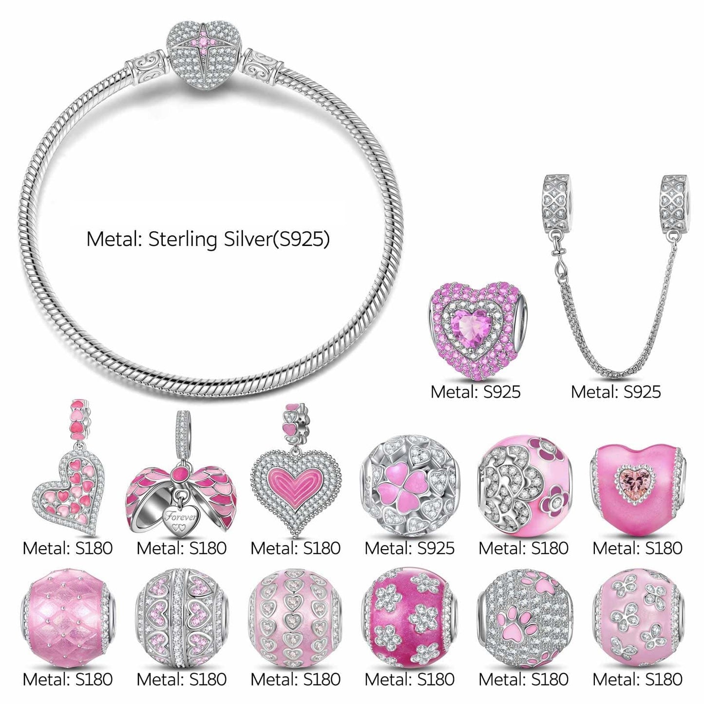 Sterling Silver Barbie Land Charms Bracelet Set With Enamel In White Gold Plated (Includes bracelet and all charms shown)