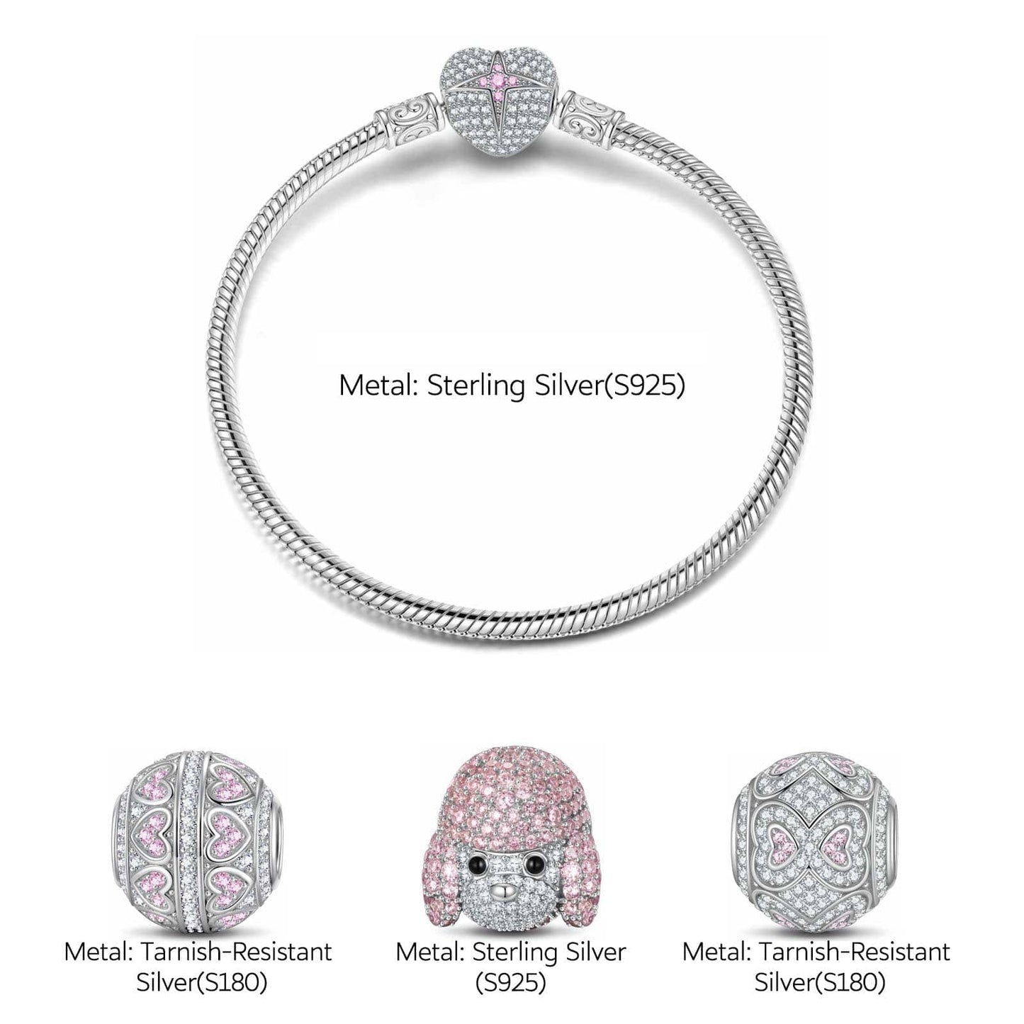 Sterling Silver Cute Pet Paradise Charms Bracelet Set With Enamel In White Gold Plated (Includes bracelet and all charms shown)