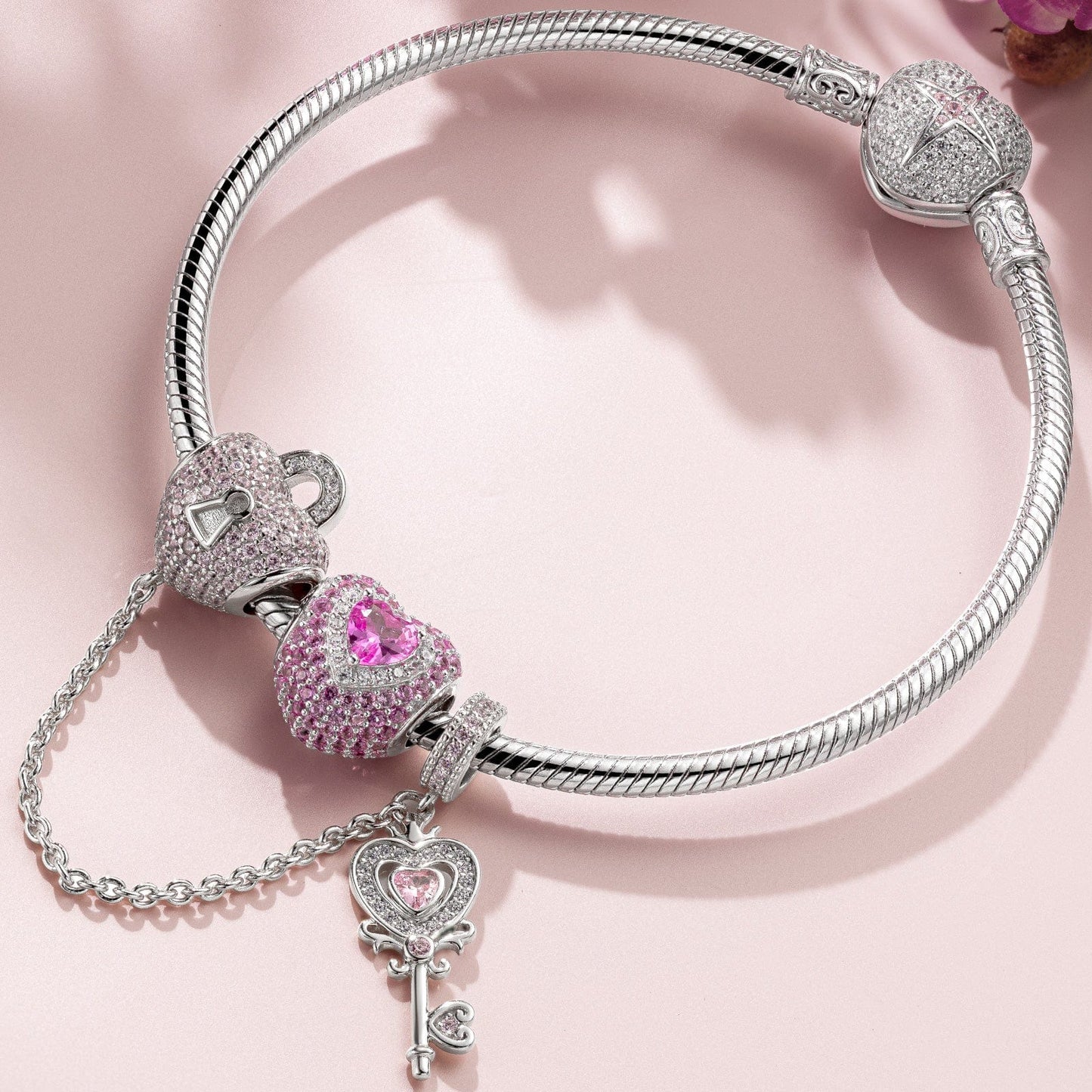 Sterling Silver Romantic Love Charms Bracelet Set With Enamel In White Gold Plated (Includes bracelet and all charms shown)