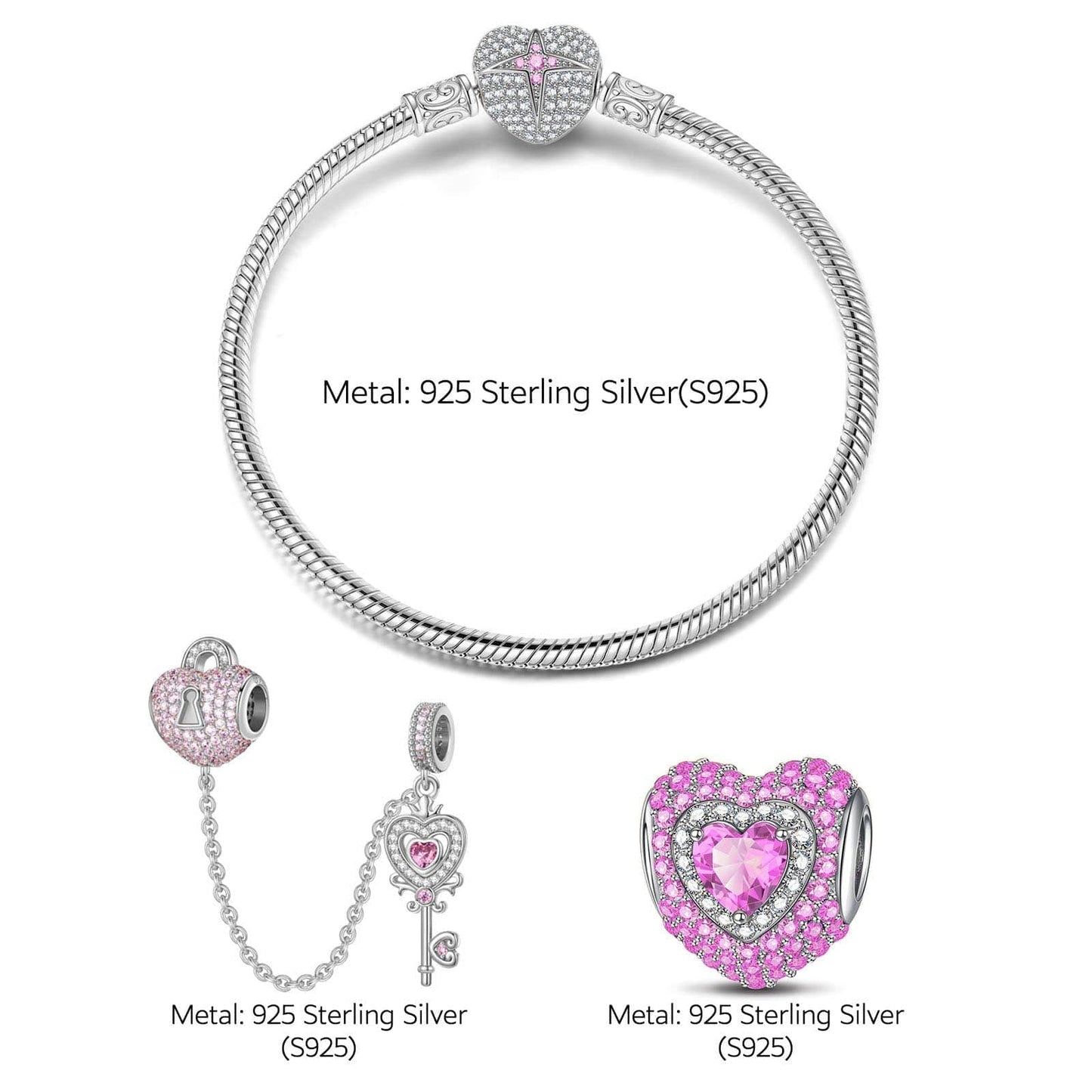 Sterling Silver Romantic Love Charms Bracelet Set With Enamel In White Gold Plated (Includes bracelet and all charms shown)