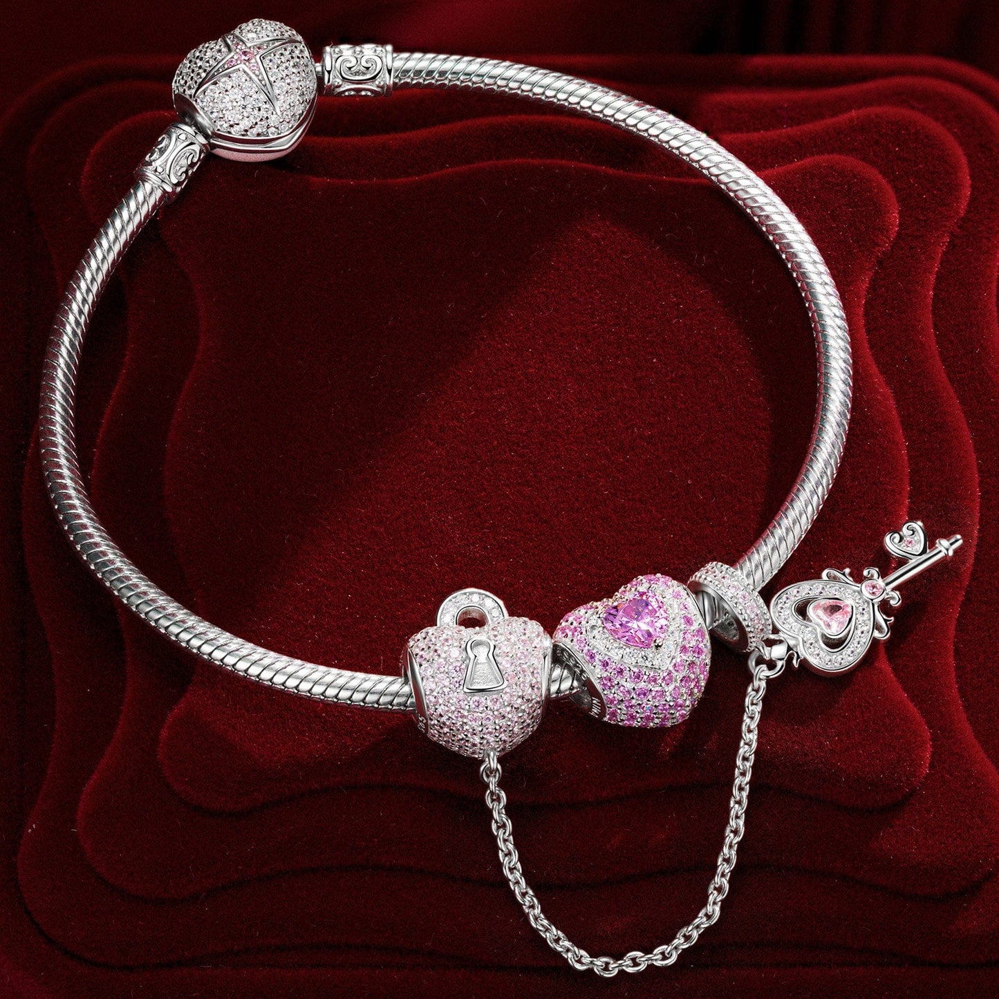 Sterling Silver Romantic Love Charms Bracelet Set With Enamel In White Gold Plated (Includes bracelet and all charms shown)
