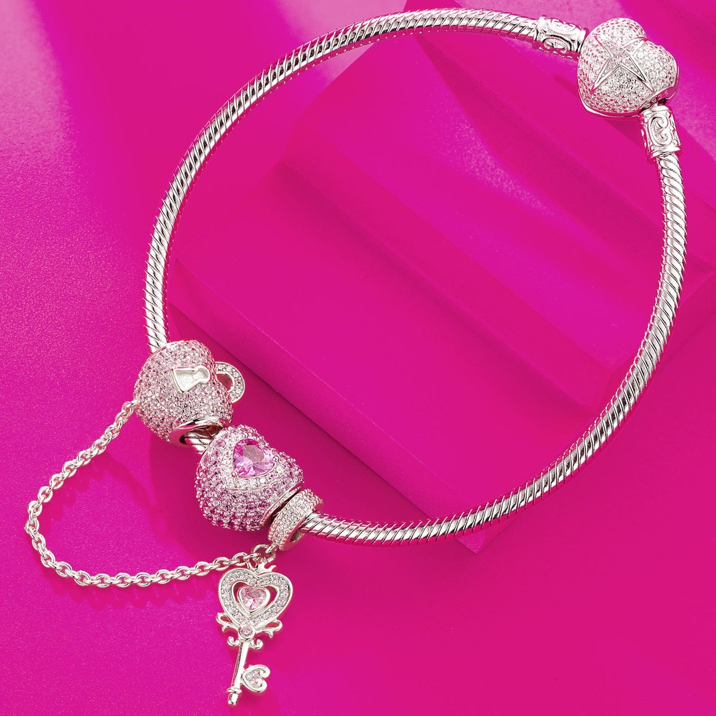 Sterling Silver Romantic Love Charms Bracelet Set With Enamel In White Gold Plated (Includes bracelet and all charms shown)