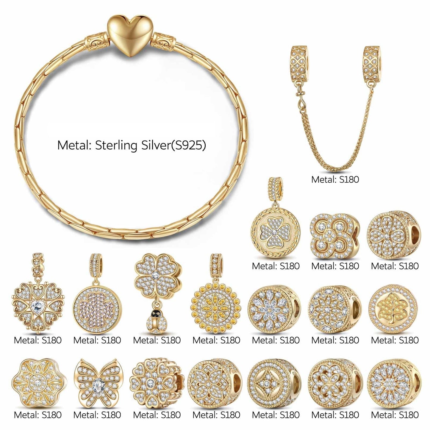 Sterling Silver Versailles Gardens Charms Bracelet Set With Enamel In 14K Gold Plated (Includes bracelet and all charms shown)