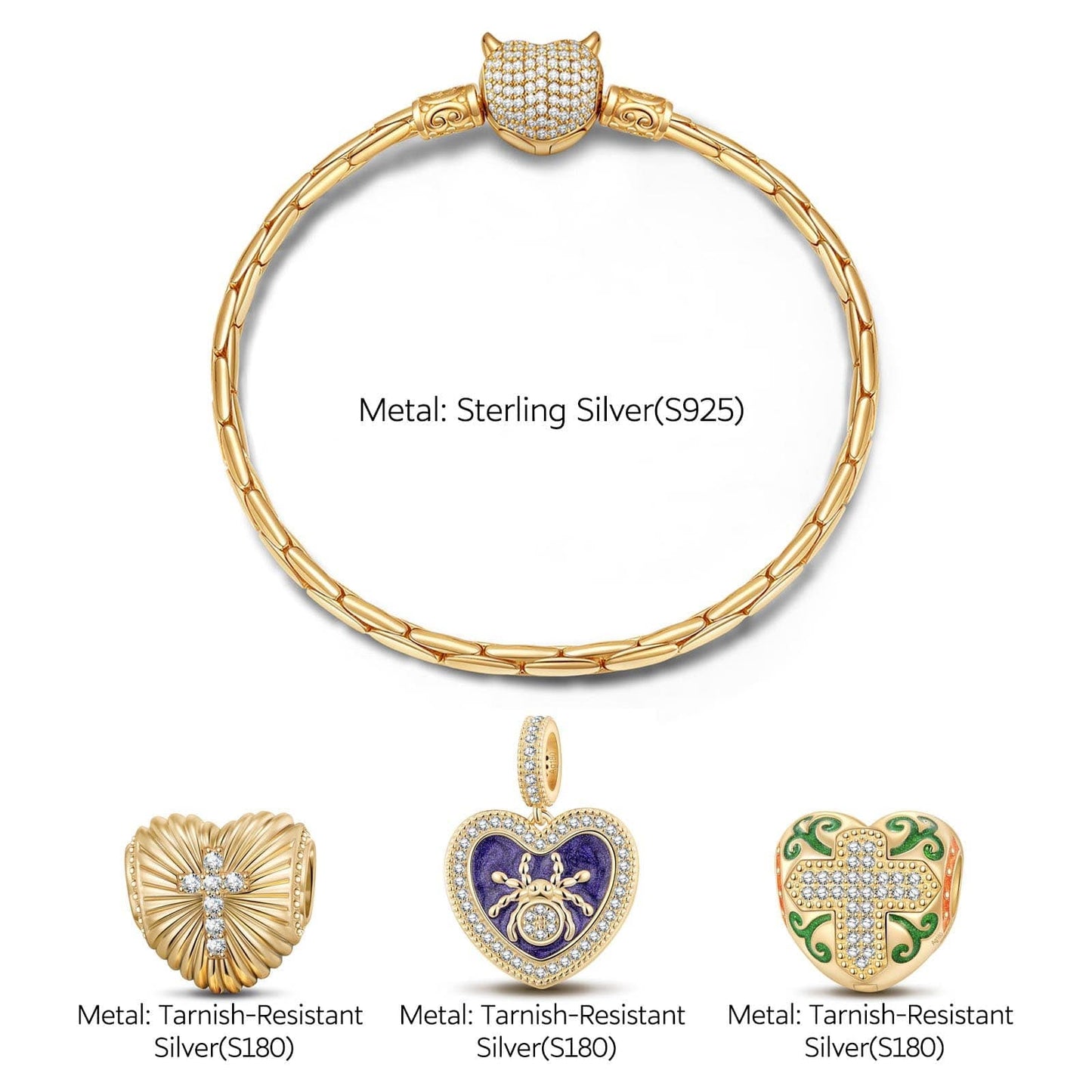 Sterling Silver Miss Spider and the Cross Charms Bracelet Set With Enamel In 14K Gold Plated (Includes bracelet and all charms shown)