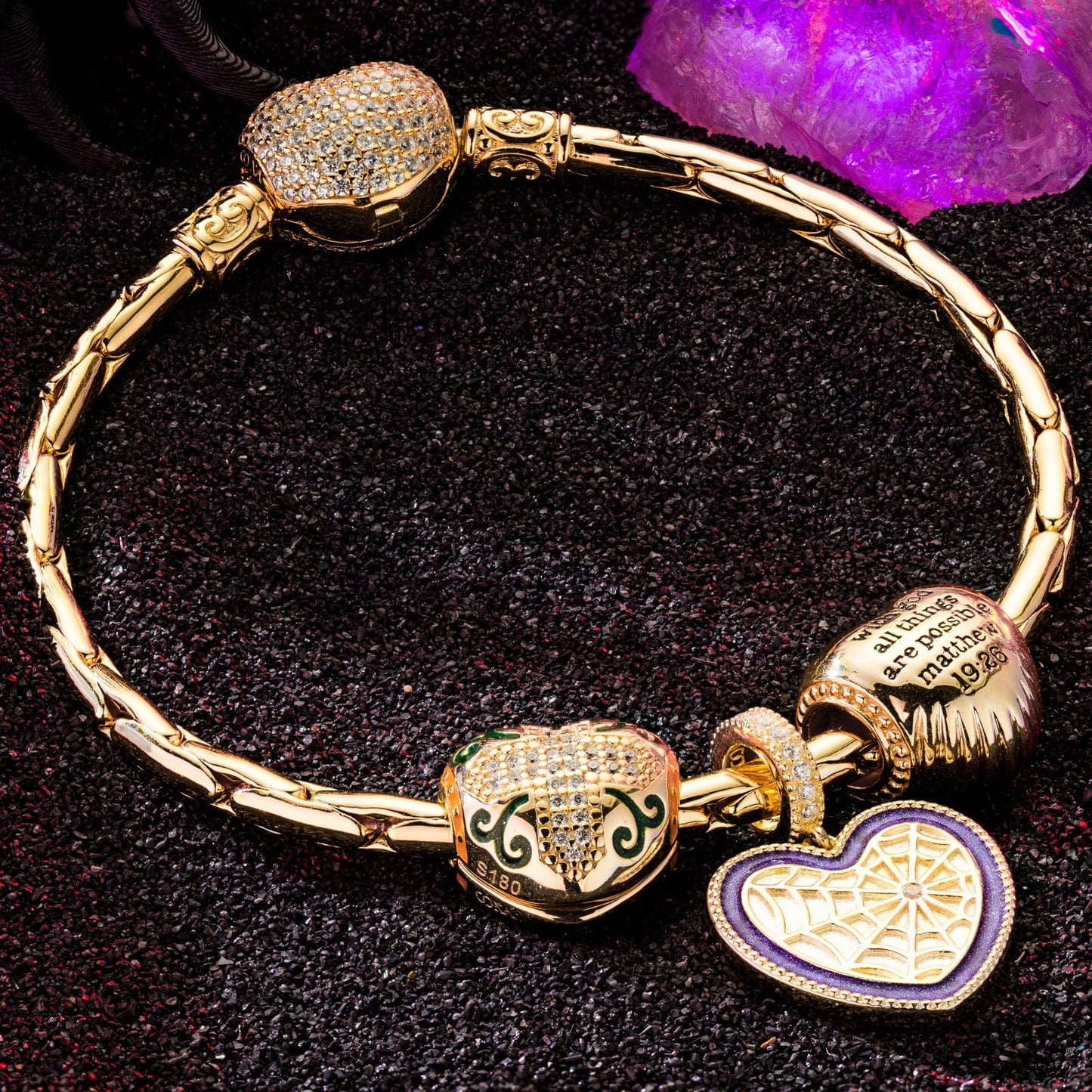 Sterling Silver Miss Spider and the Cross Charms Bracelet Set With Enamel In 14K Gold Plated (Includes bracelet and all charms shown)