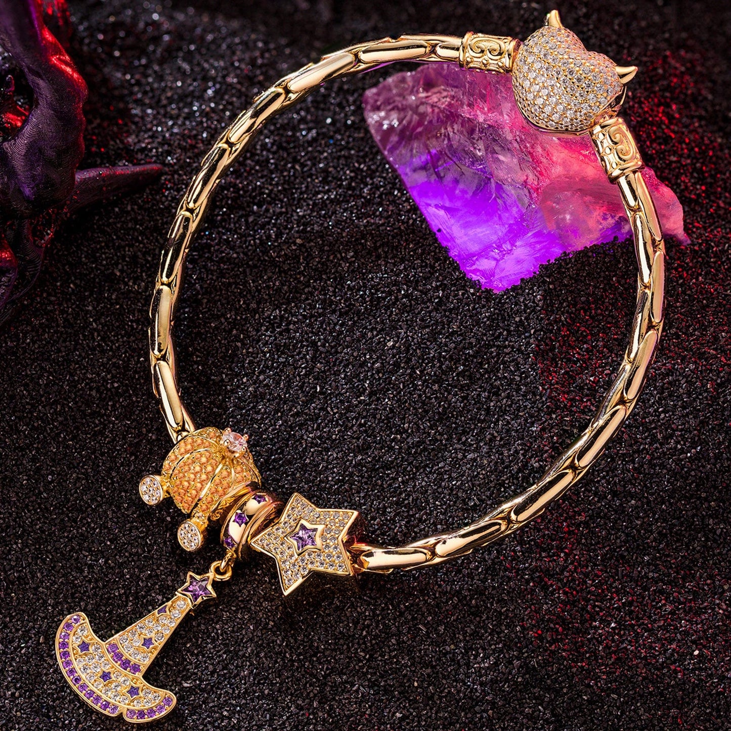 Sterling Silver Cinderella's Pumpkin Carriage Charms Bracelet Set With Enamel In 14K Gold Plated (Includes bracelet and all charms shown)