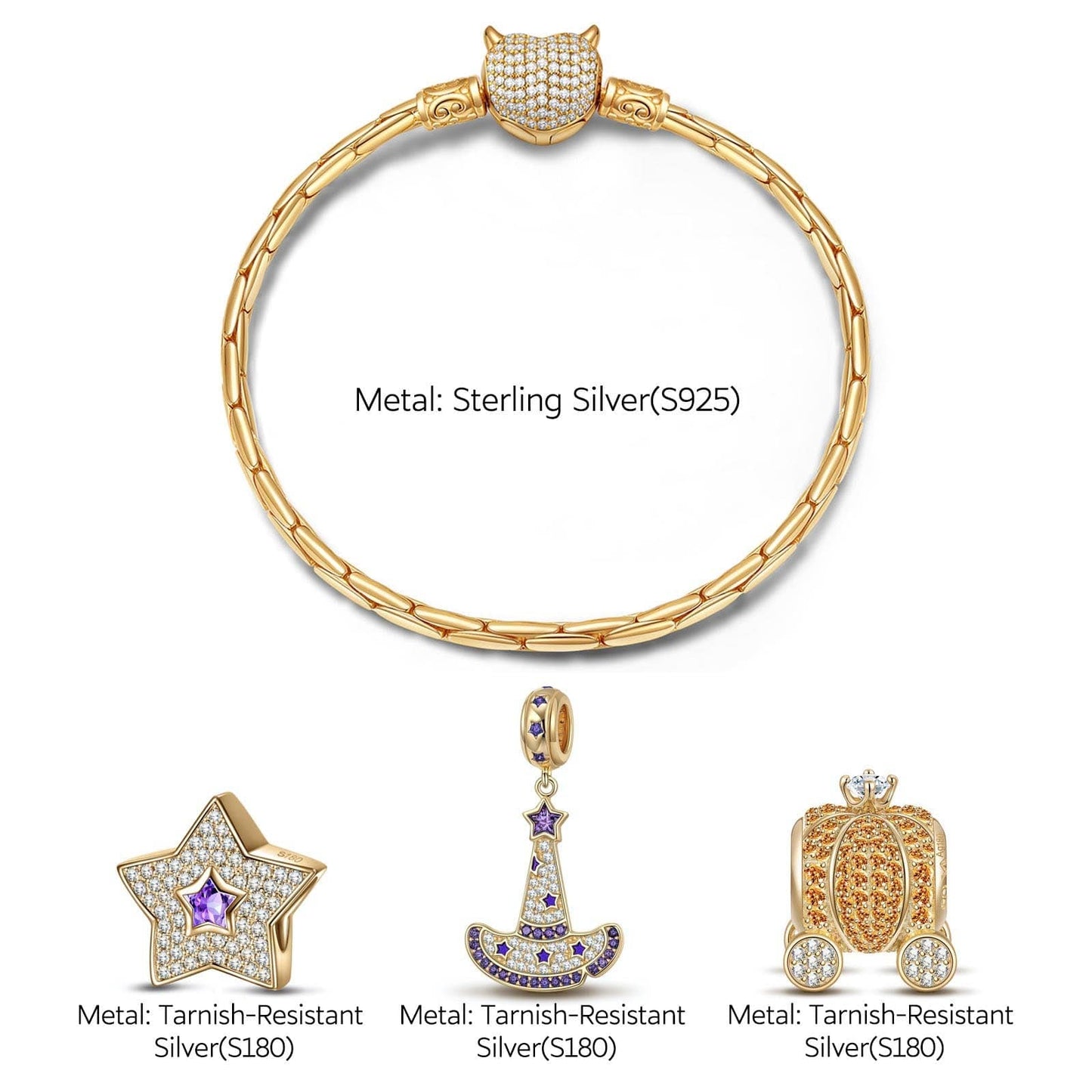 Sterling Silver Cinderella's Pumpkin Carriage Charms Bracelet Set With Enamel In 14K Gold Plated (Includes bracelet and all charms shown)