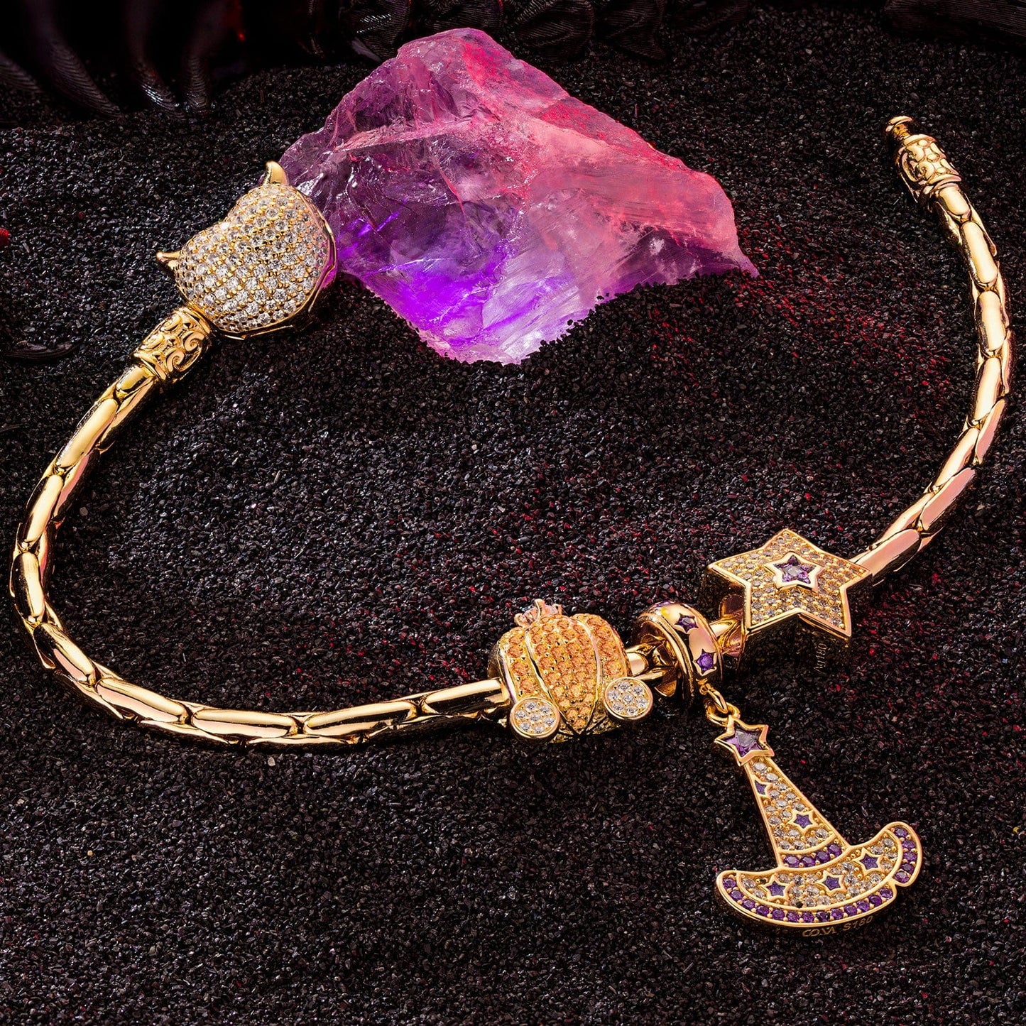 Sterling Silver Cinderella's Pumpkin Carriage Charms Bracelet Set With Enamel In 14K Gold Plated (Includes bracelet and all charms shown)