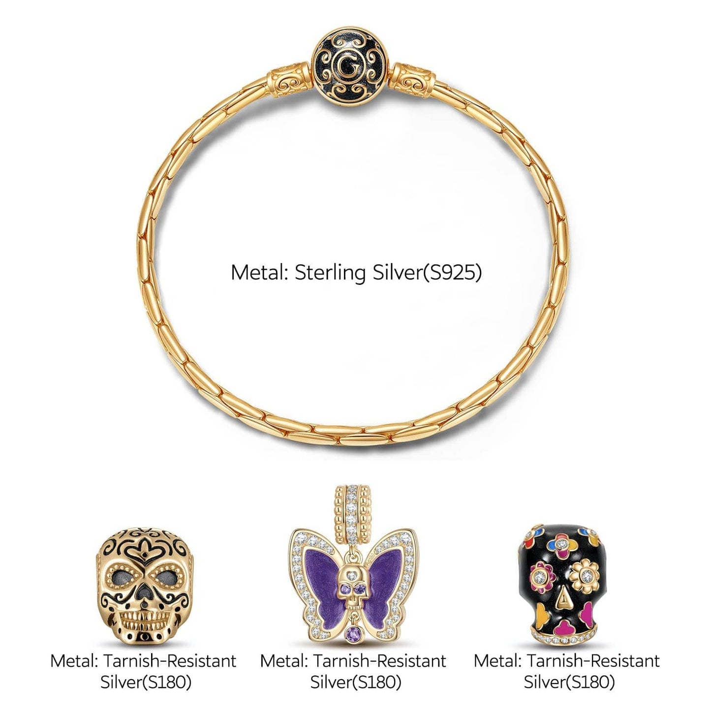 Sterling Silver Butterfly and Skull Charms Bracelet Set With Enamel In 14K Gold Plated (Includes bracelet and all charms shown)