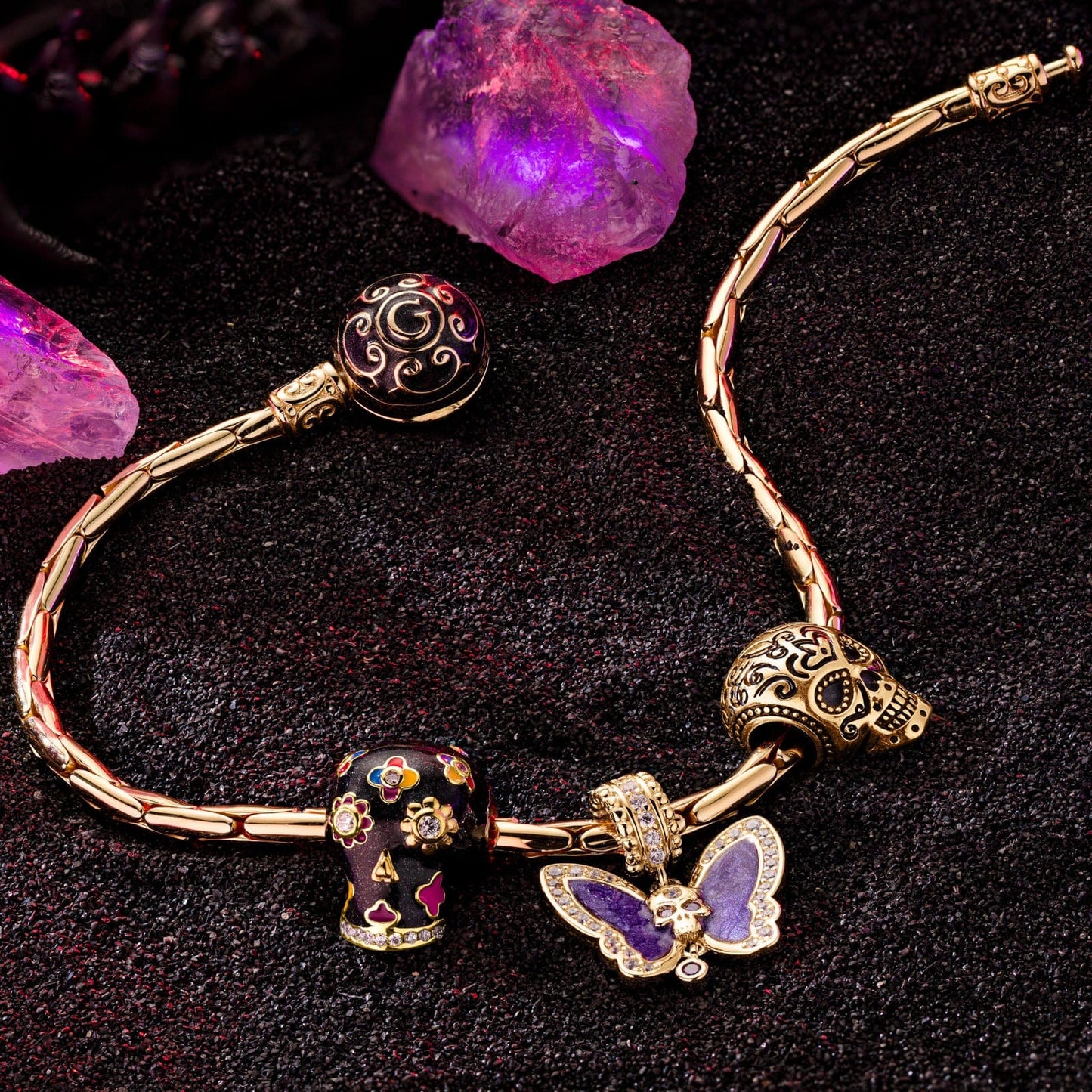 Sterling Silver Butterfly and Skull Charms Bracelet Set With Enamel In 14K Gold Plated (Includes bracelet and all charms shown)