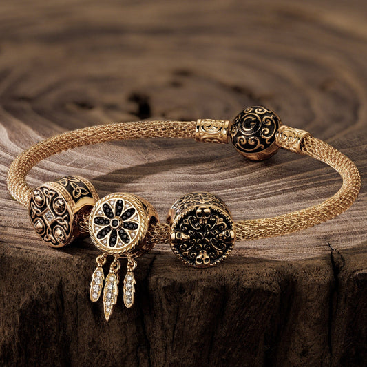 gon- Sterling Silver Skull Runes XL Size Charms Bracelet Set With Enamel In 14K Gold Plated For Men (Includes bracelet and all charms shown)